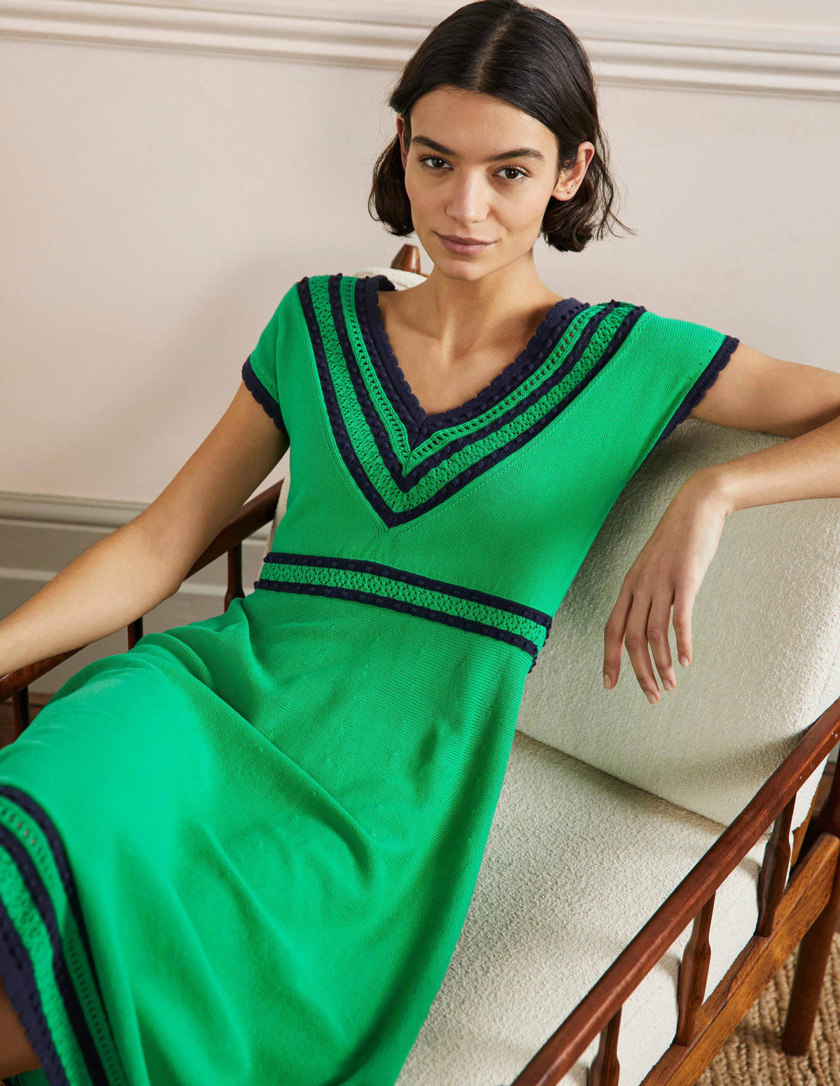 Trim Detail Knitted Midi Dress-Rich Emerald-4