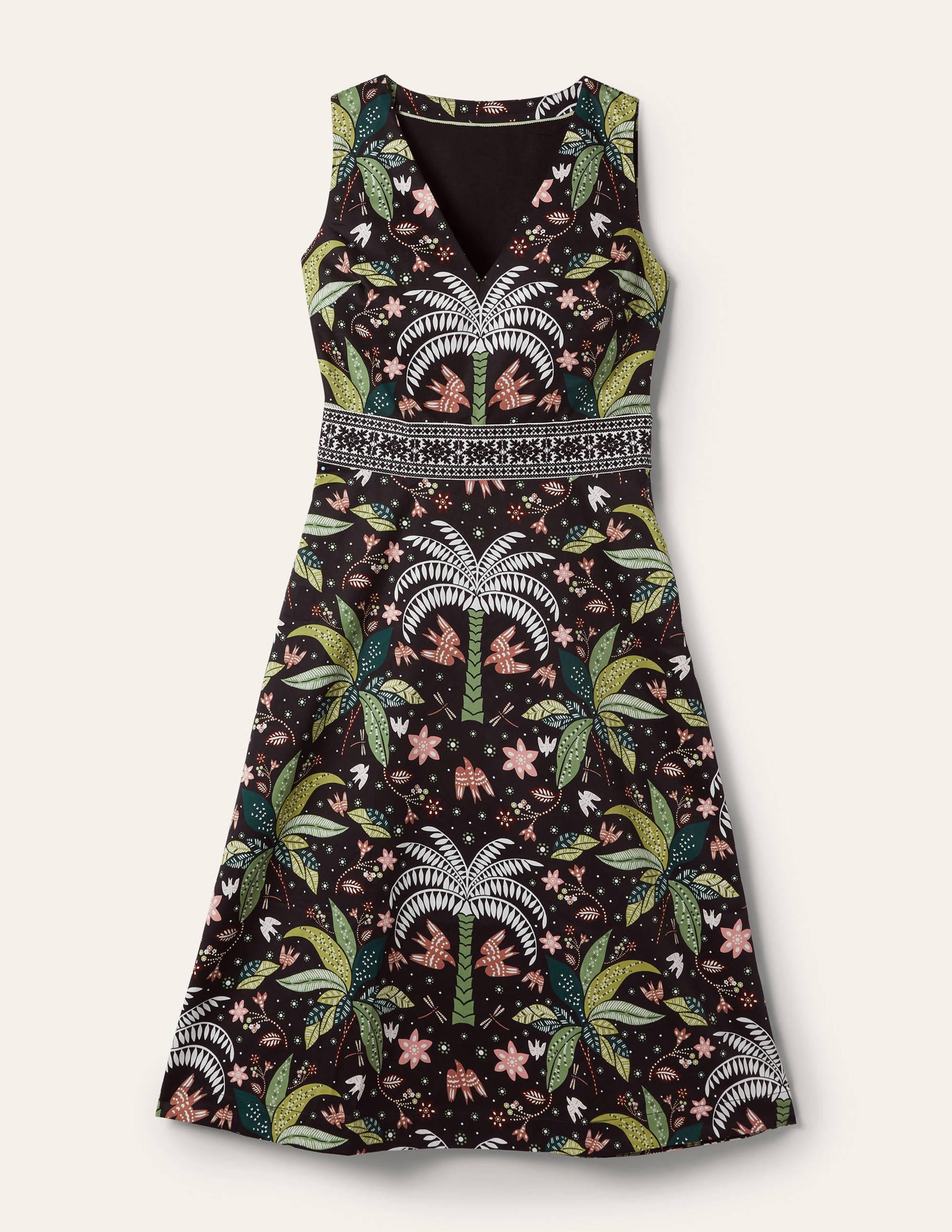 Embroidered Waist Midi Dress-Black, Oriental Palm - Image 6