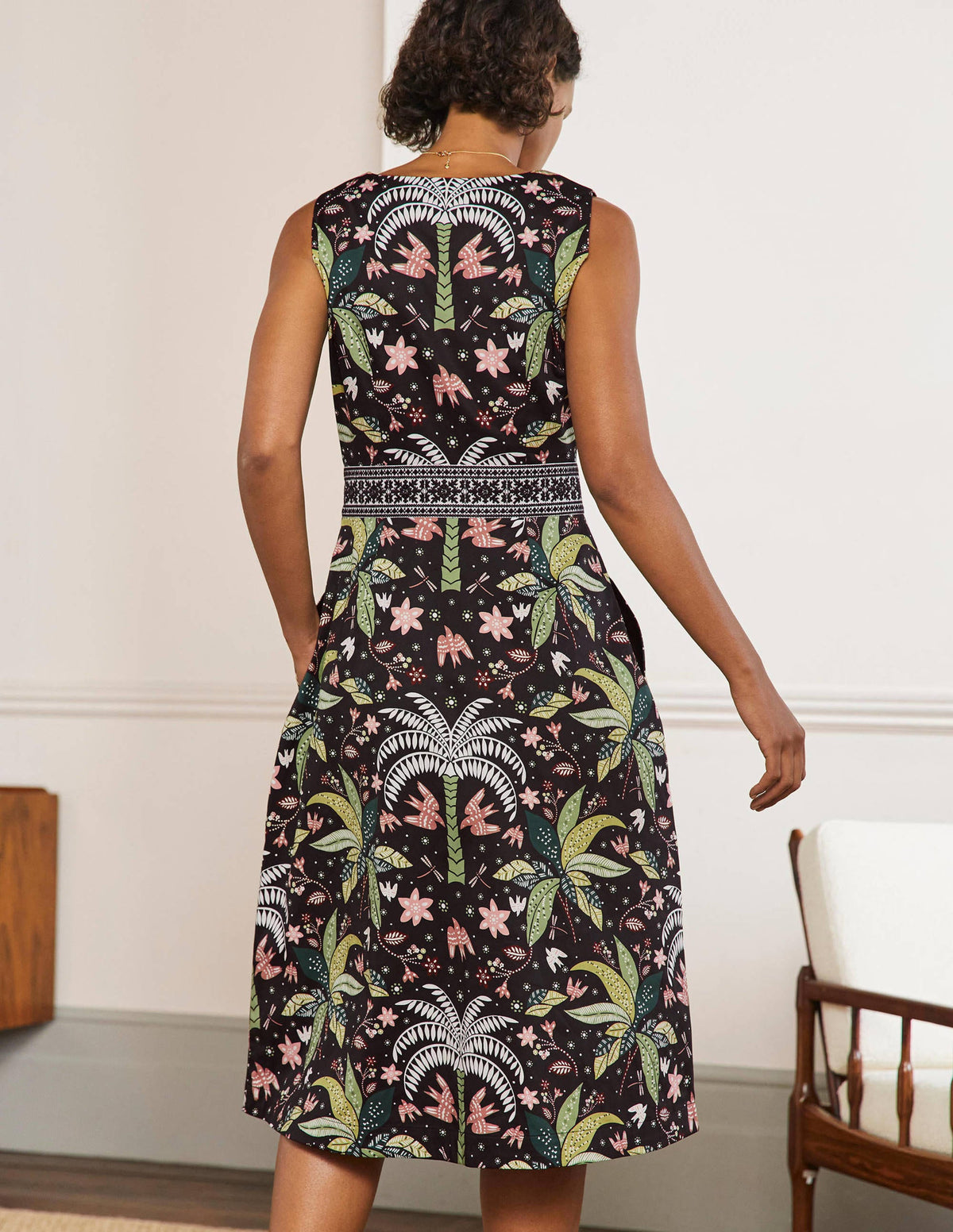 Embroidered Waist Midi Dress-Black, Oriental Palm - Image 3