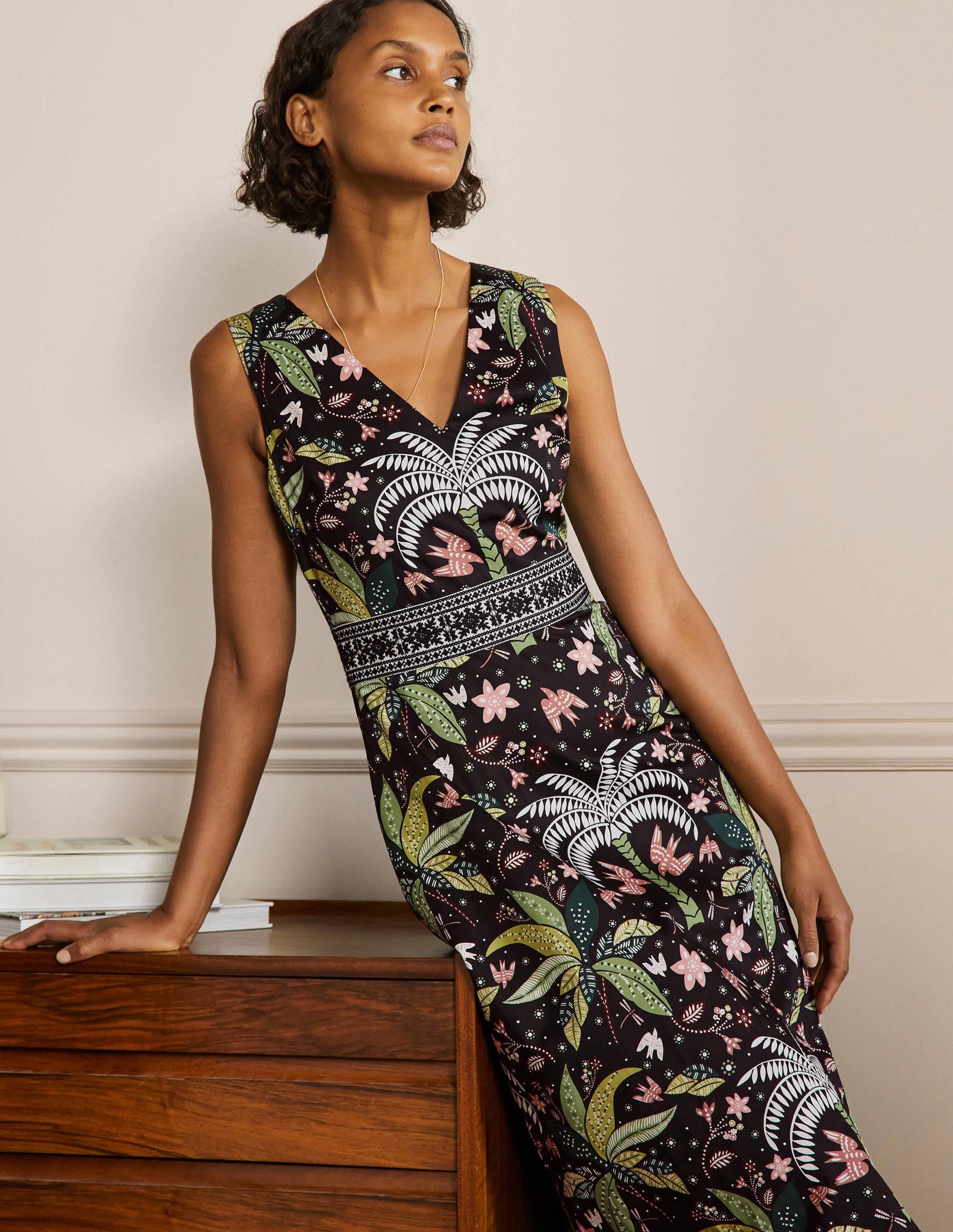 Embroidered Waist Midi Dress-Black, Oriental Palm - Image 4