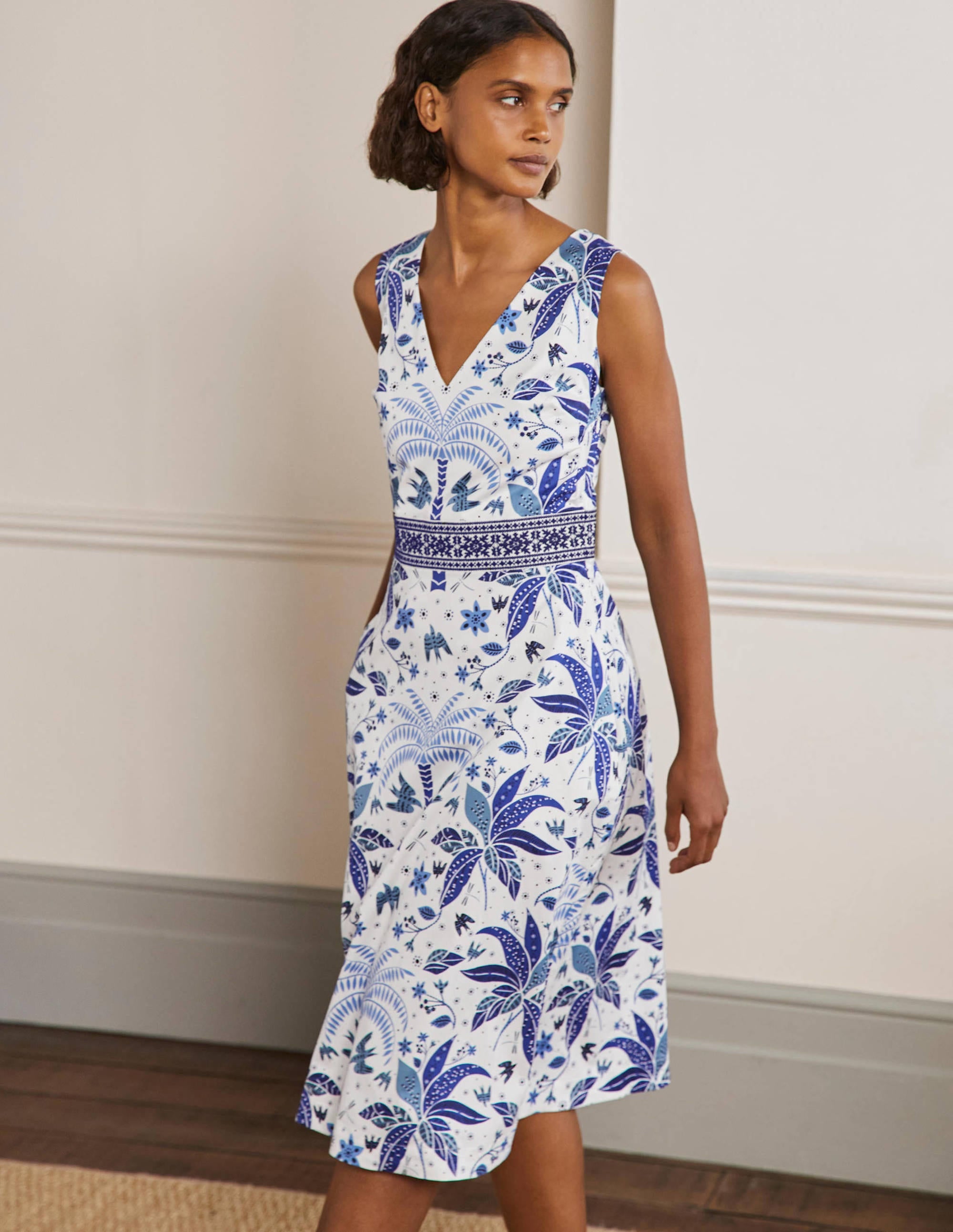 Embroidered Waist Midi Dress-Atlantic Ocean, Oriental Palm - Image 1
