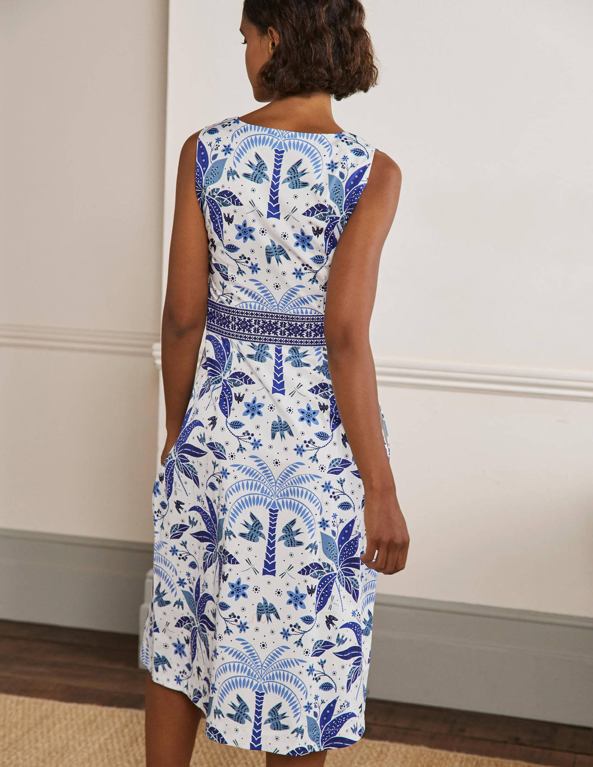 Embroidered Waist Midi Dress-Atlantic Ocean, Oriental Palm-3