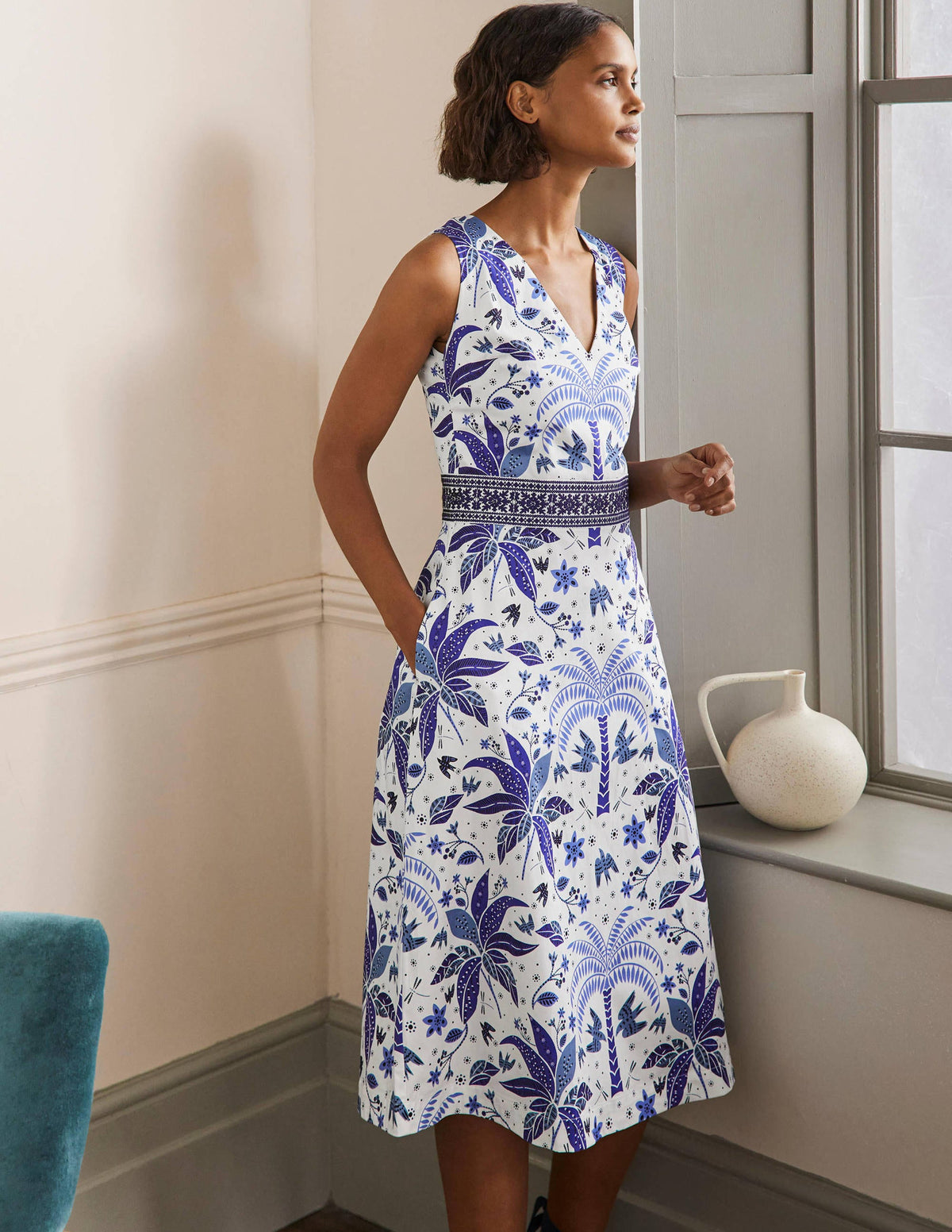 Embroidered Waist Midi Dress-Atlantic Ocean, Oriental Palm - Image 4
