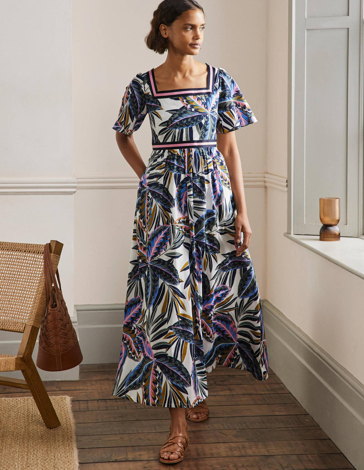 Stripe Detail Maxi Dress-Multi, Exotic Leaves - Image 1