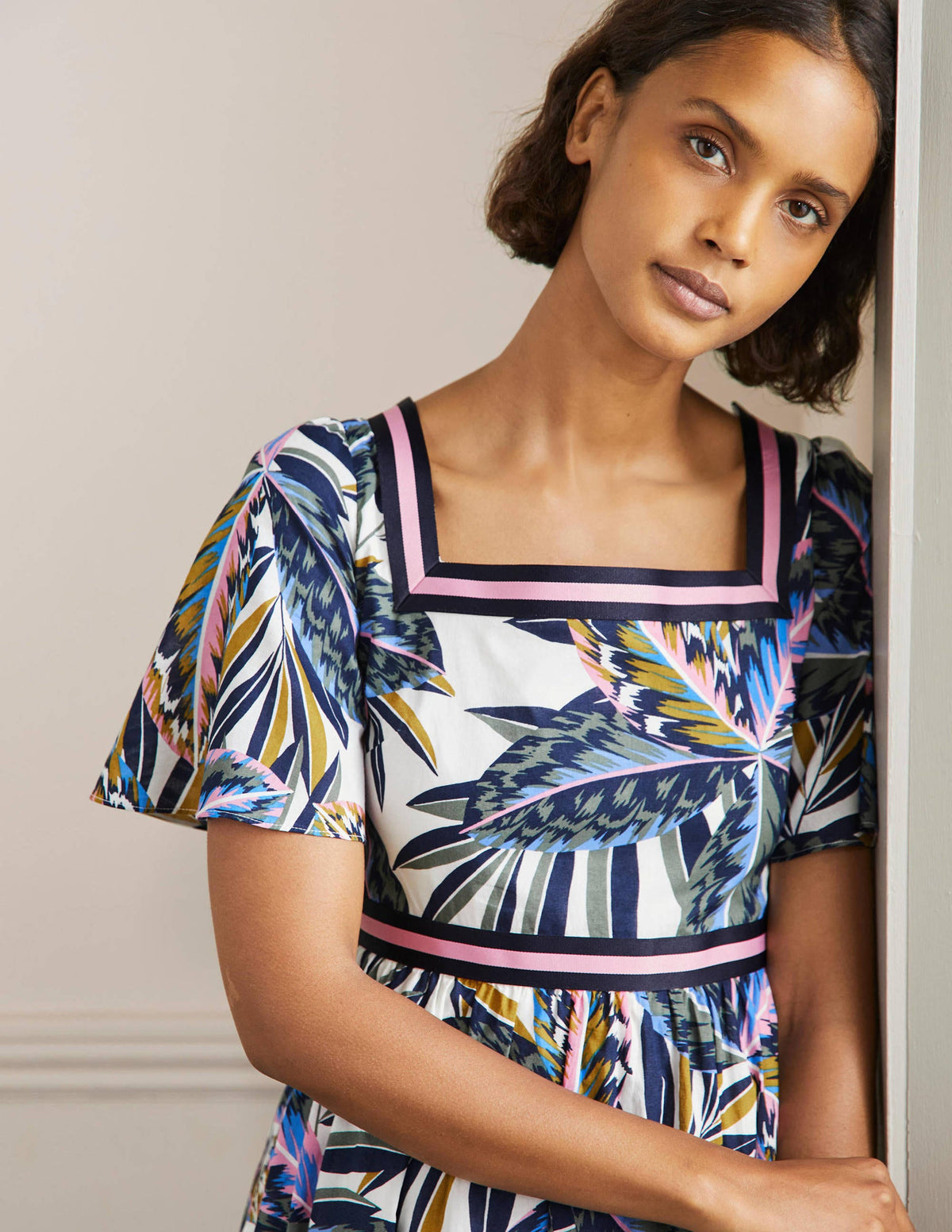 Stripe Detail Maxi Dress-Multi, Exotic Leaves - Image 2