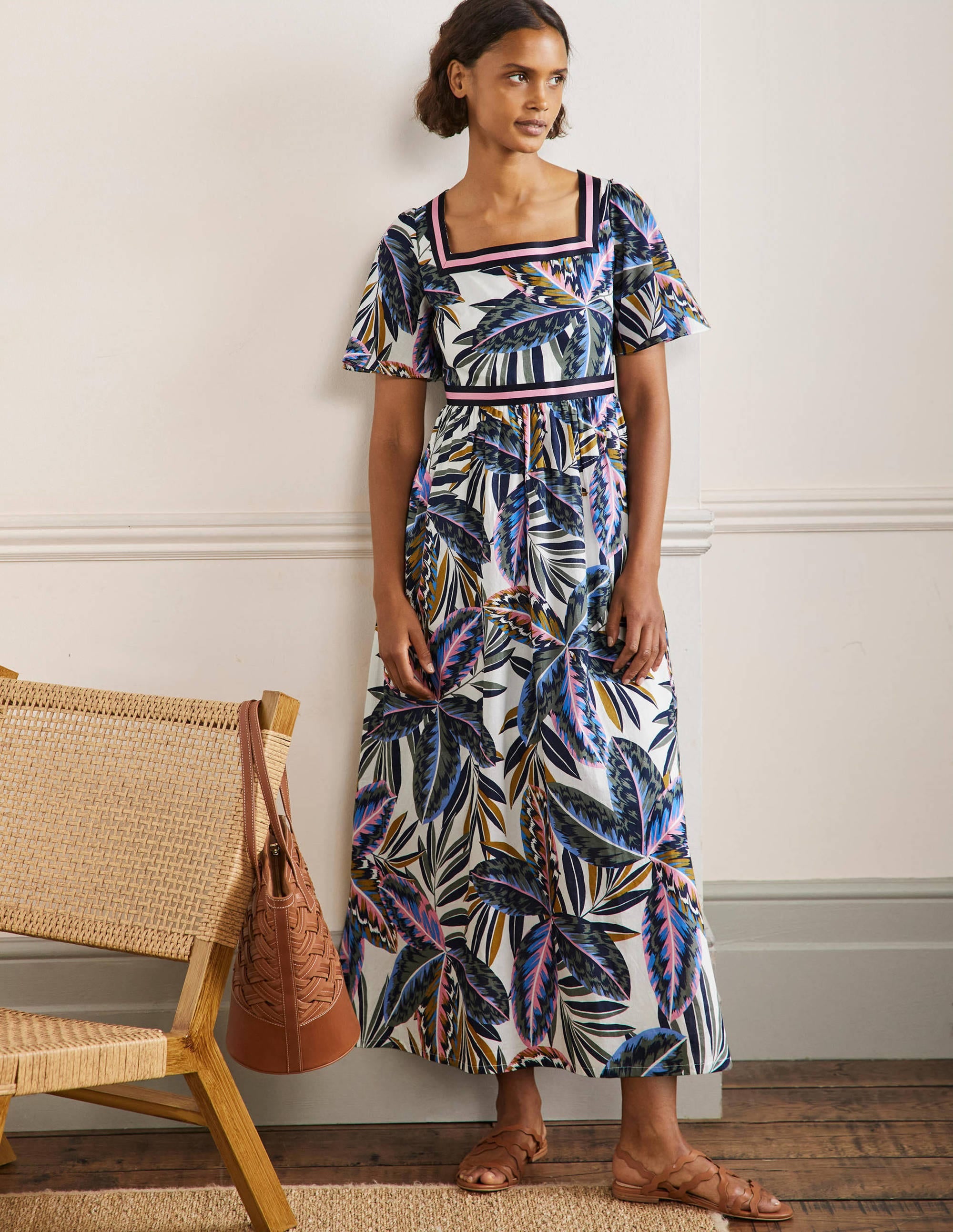 Stripe Detail Maxi Dress-Multi, Exotic Leaves - Image 4