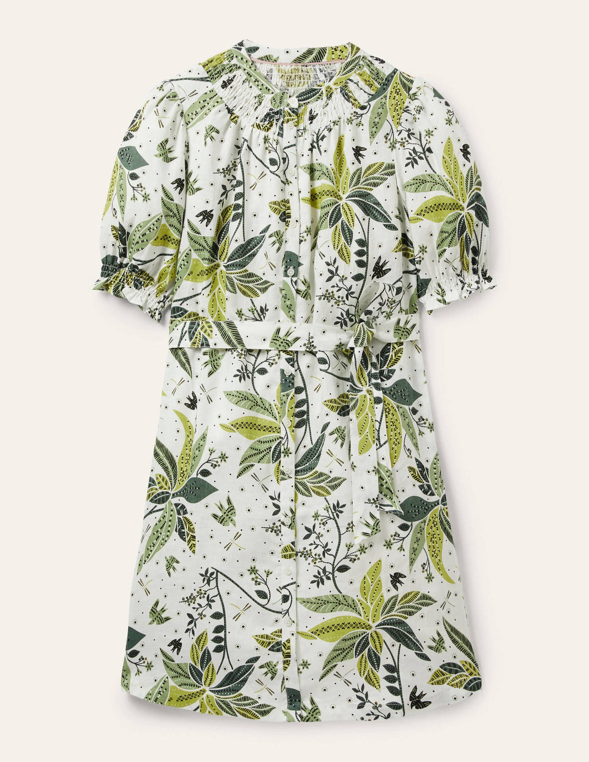 Smocked Linen Shirt Dress-Ivory, Oriental Cascade-5