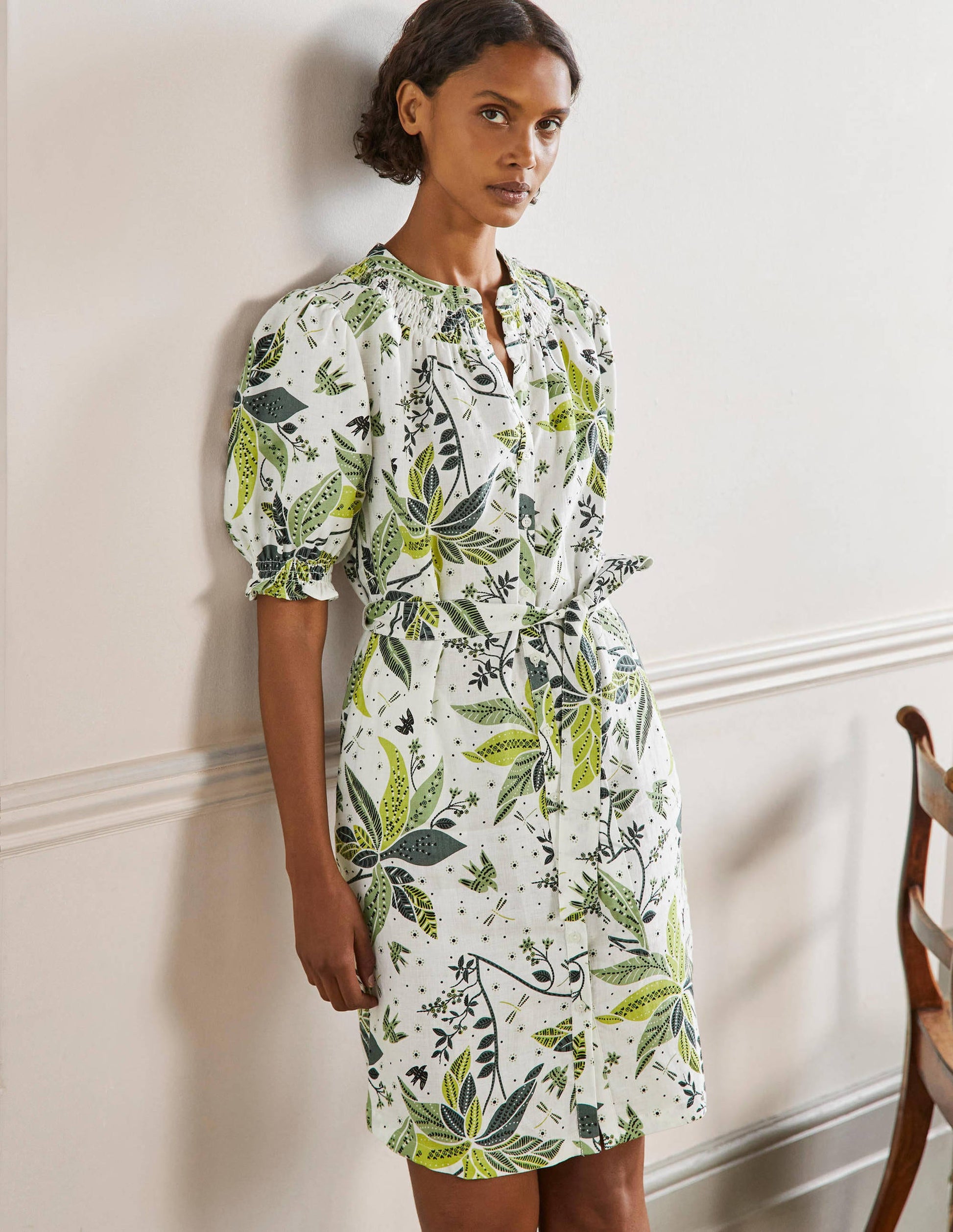 Smocked Linen Shirt Dress-Ivory, Oriental Cascade-1