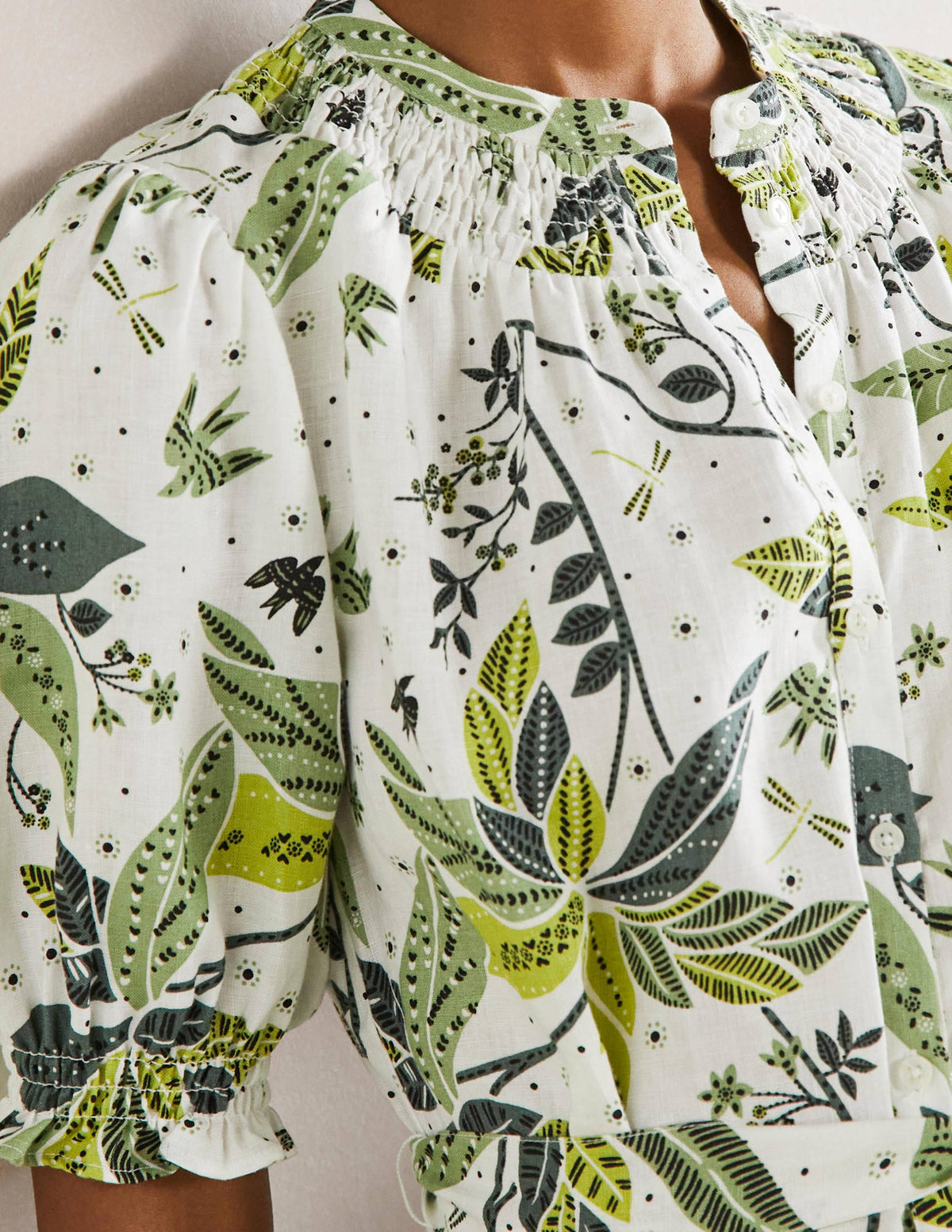 Smocked Linen Shirt Dress-Ivory, Oriental Cascade-2