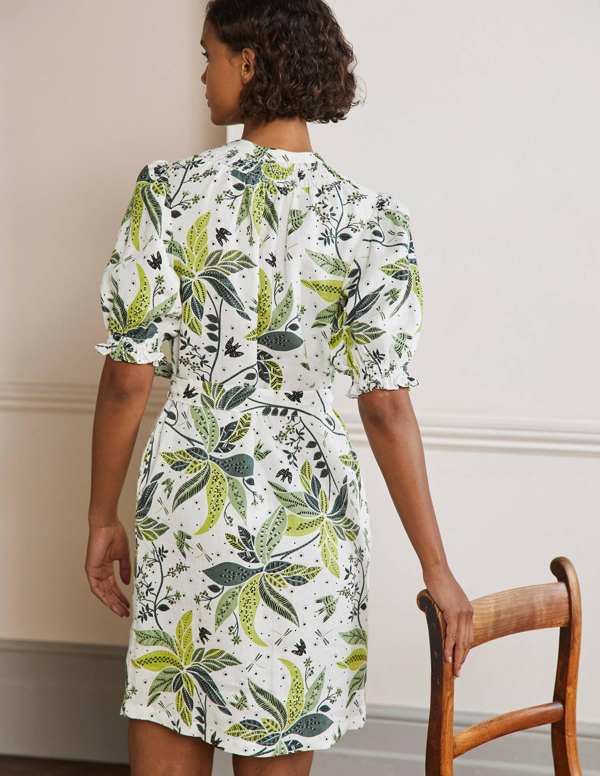 Smocked Linen Shirt Dress-Ivory, Oriental Cascade-3