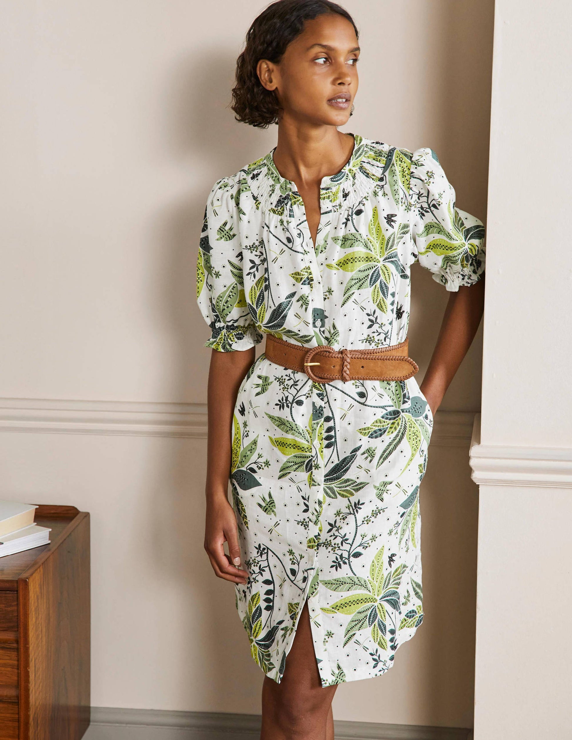 Smocked Linen Shirt Dress-Ivory, Oriental Cascade-4