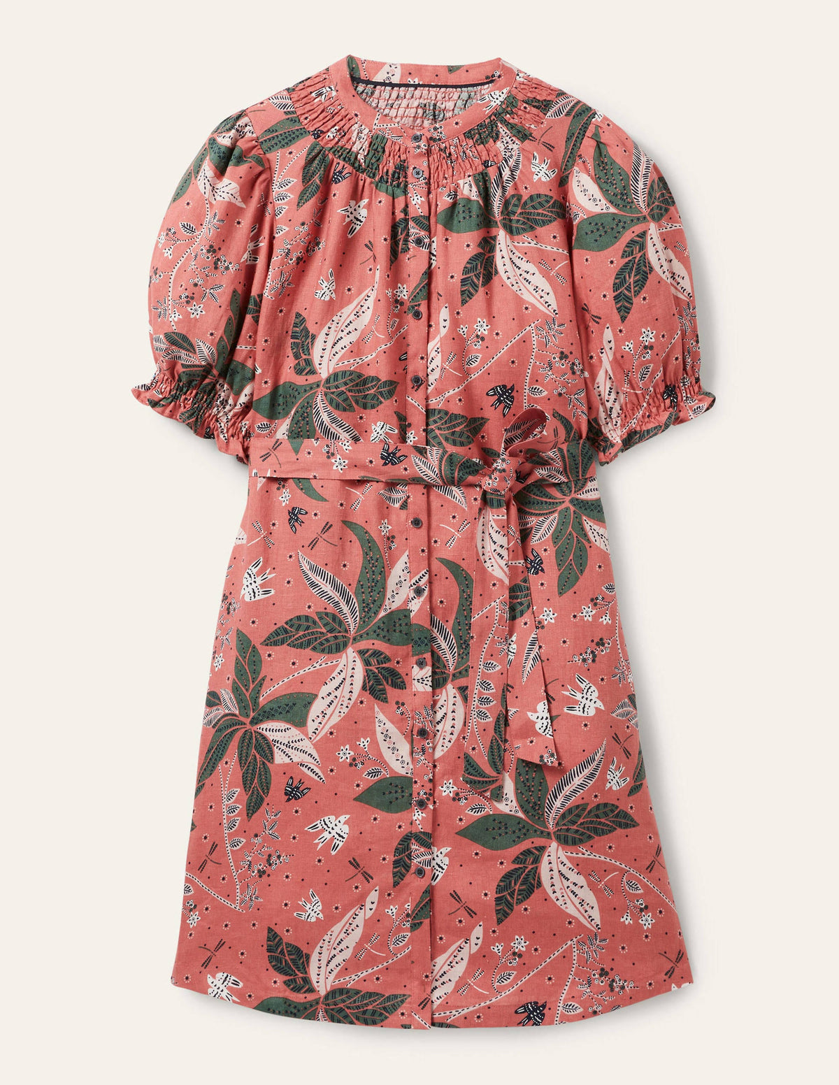 Smocked Linen Shirt Dress-Dusty Red, Oriental Cascade - Image 5
