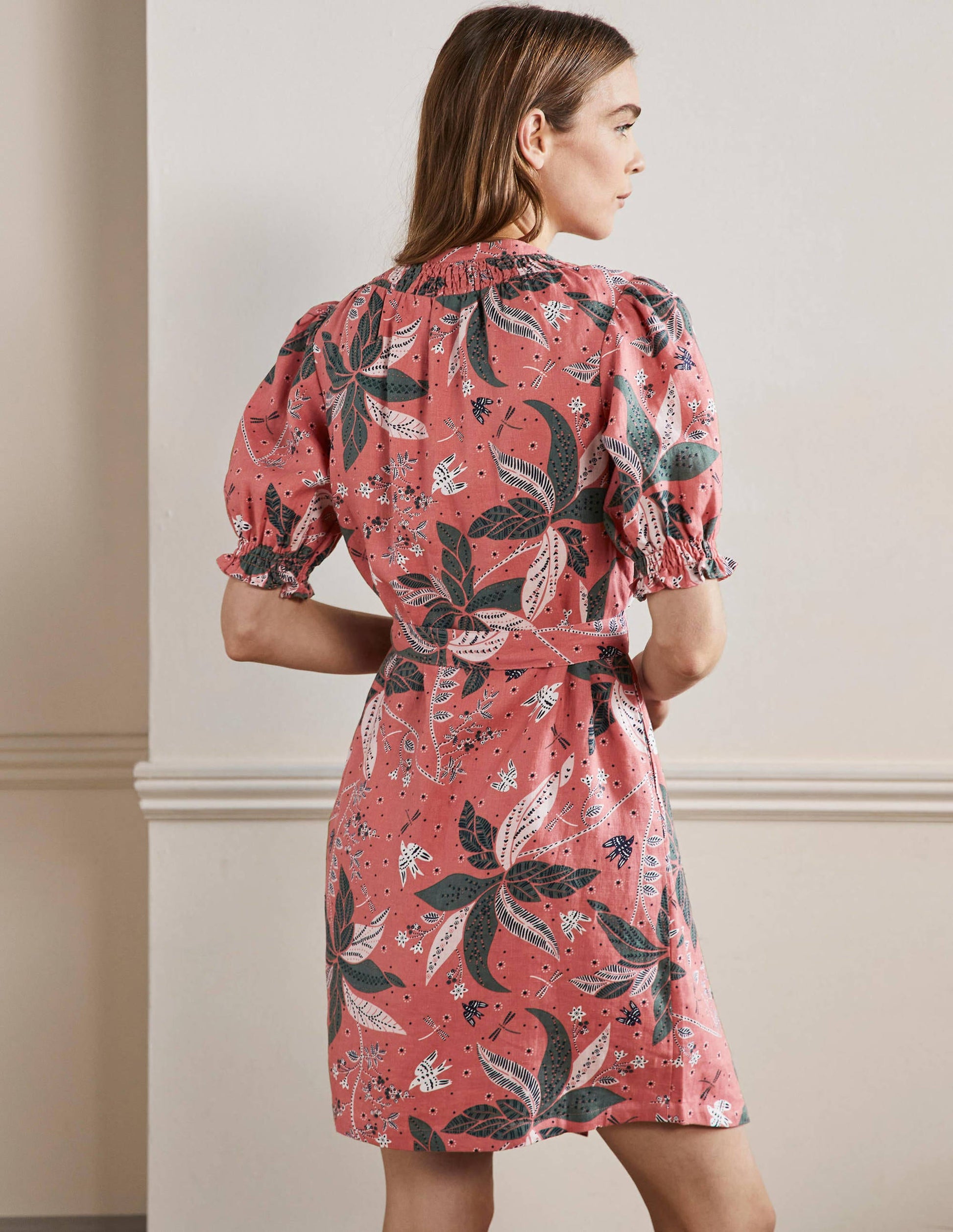 Smocked Linen Shirt Dress-Dusty Red, Oriental Cascade-3