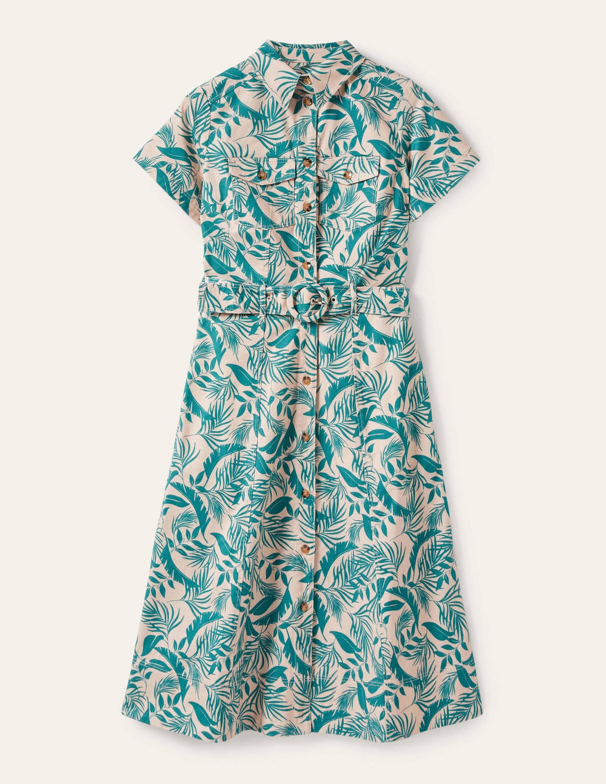 Belted Midi Shirt Dress-Milkshake, Tropic Foliage-6