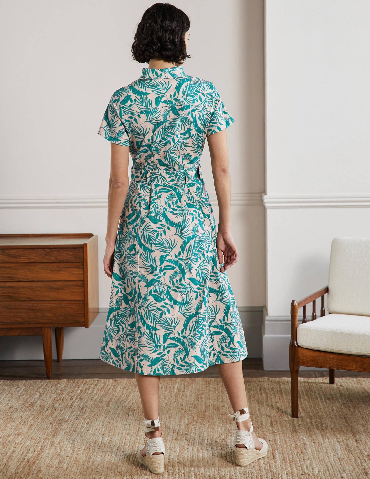 Belted Midi Shirt Dress-Milkshake, Tropic Foliage