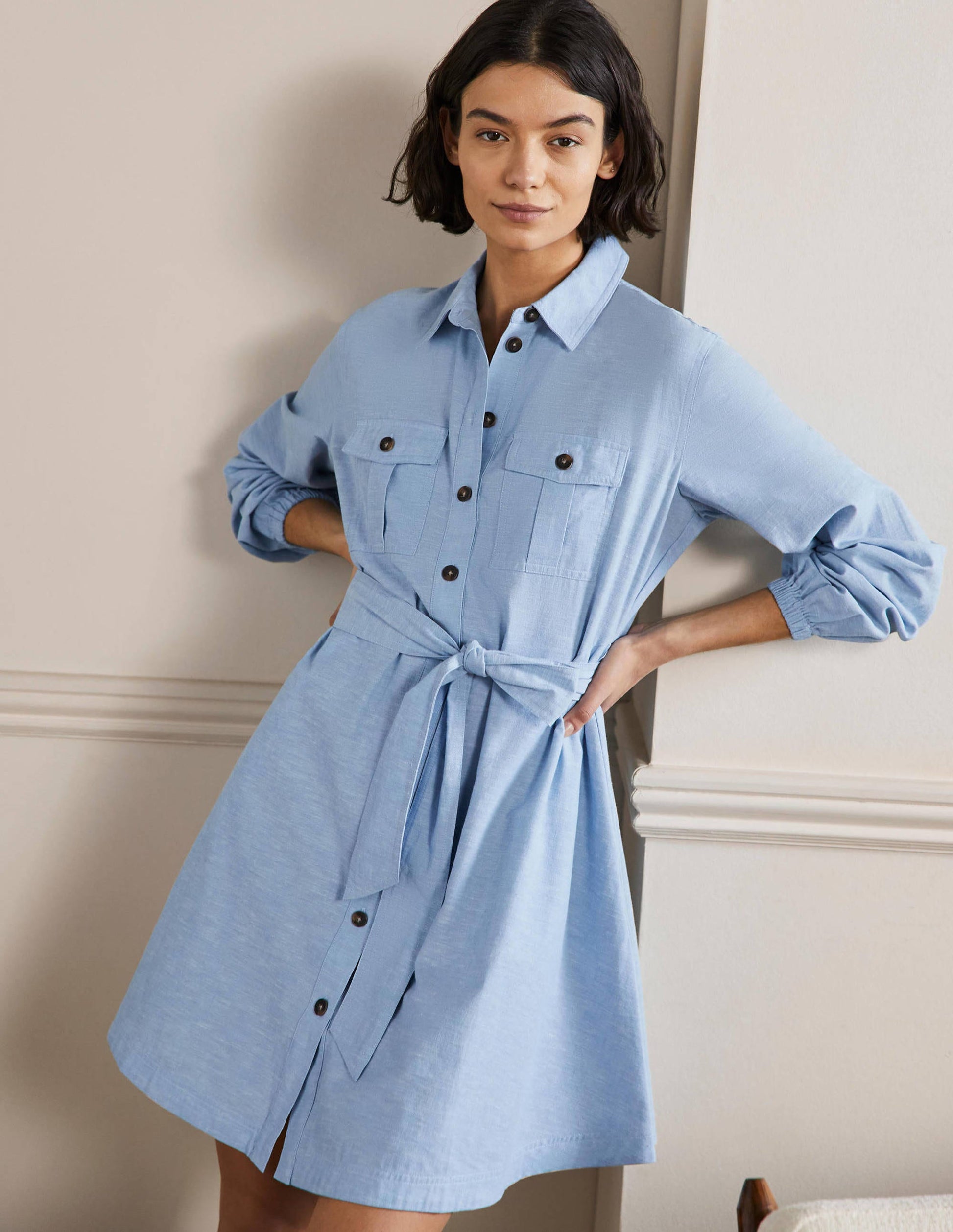 Fit and Flare Mini Shirt Dress-Light Chambray-1