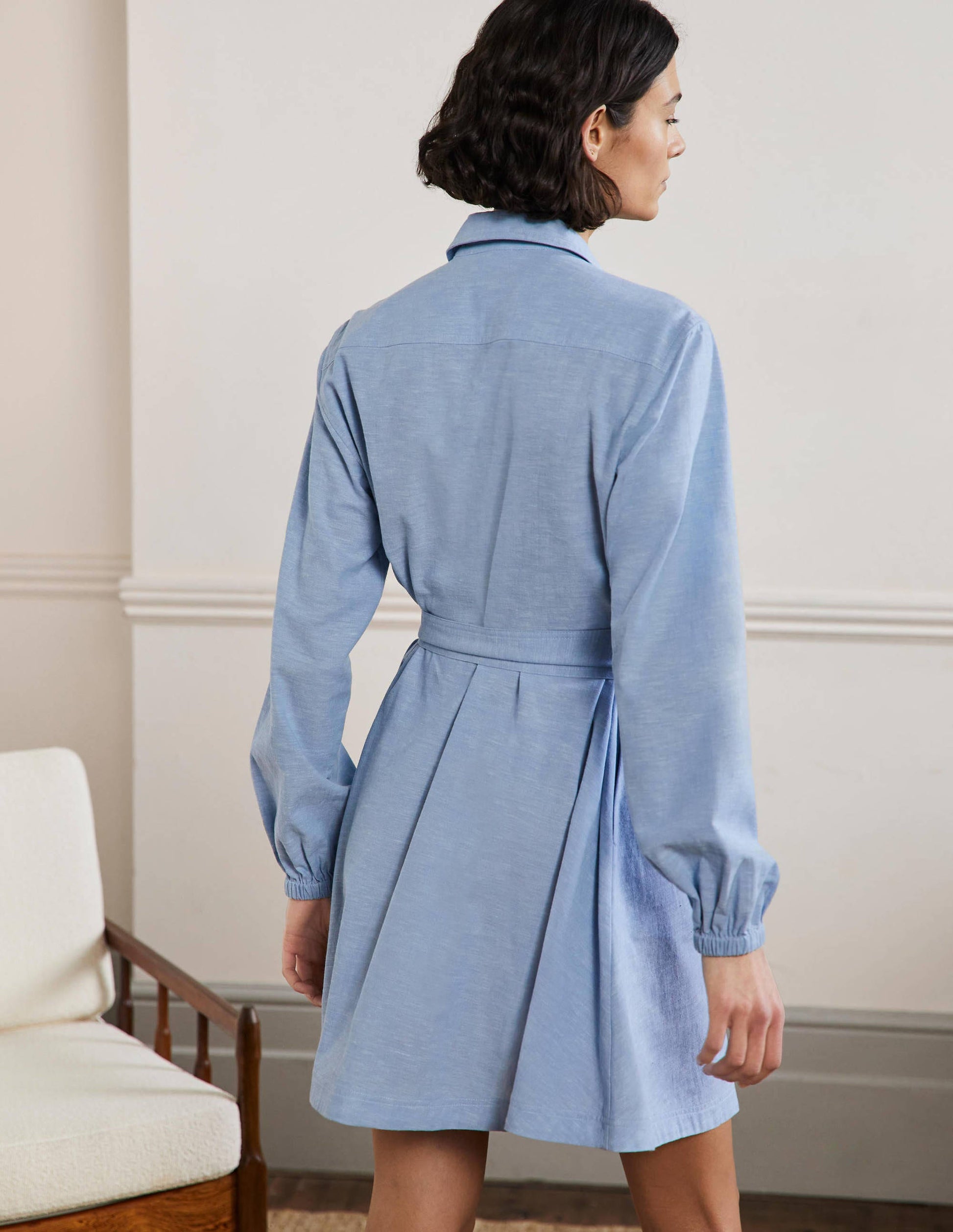 Fit and Flare Mini Shirt Dress-Light Chambray-3