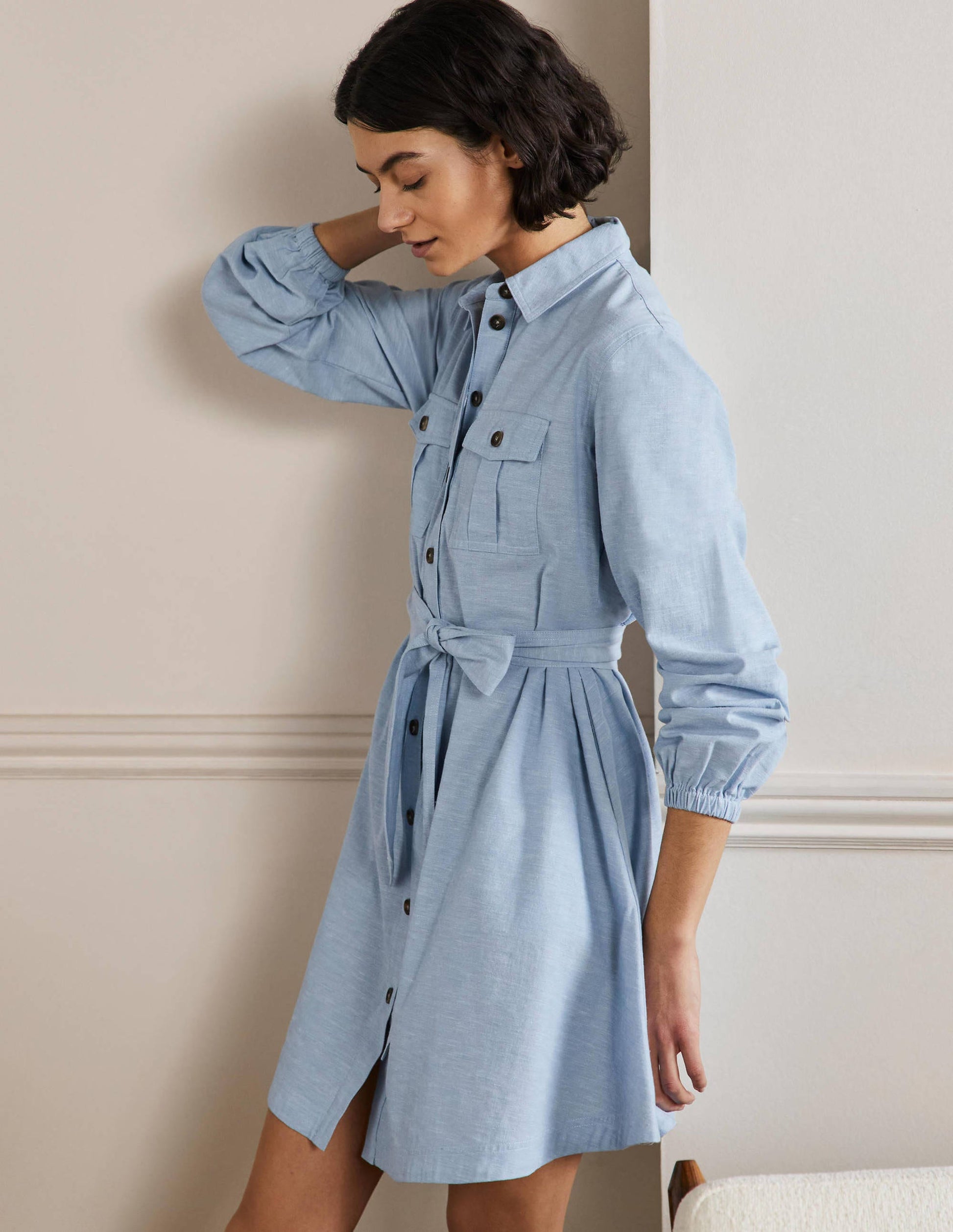 Fit and Flare Mini Shirt Dress-Light Chambray-5