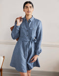 Fit and Flare Mini Shirt Dress-Mid Chambray