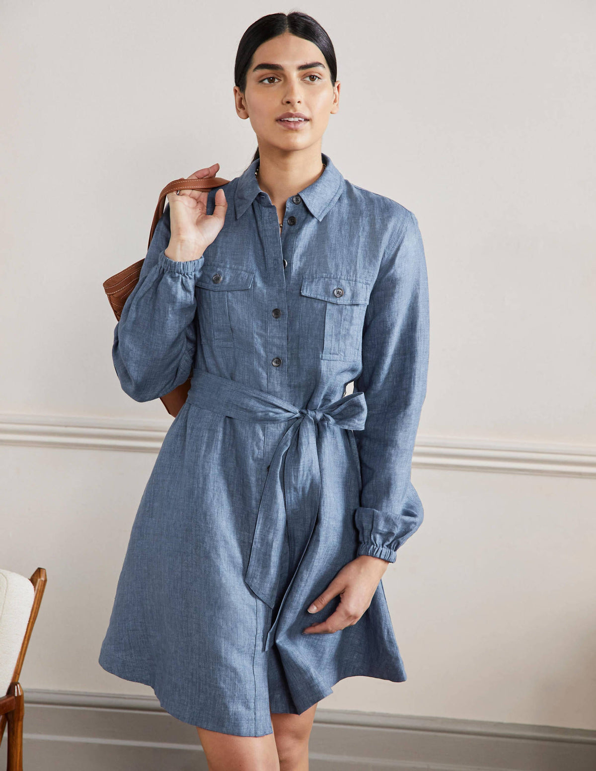 Fit and Flare Mini Shirt Dress-Mid Chambray - Image 1