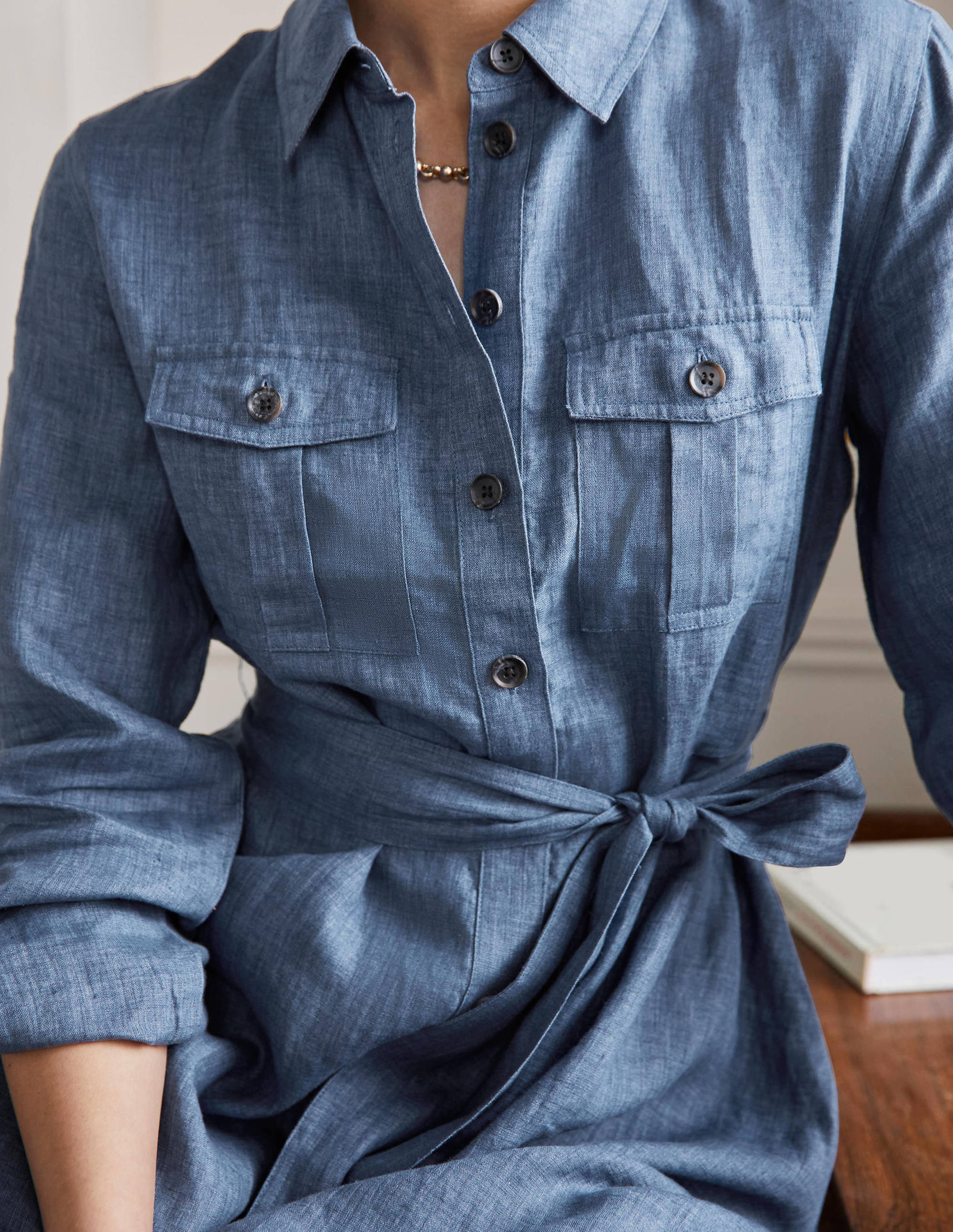 Fit and Flare Mini Shirt Dress-Mid Chambray - Image 2