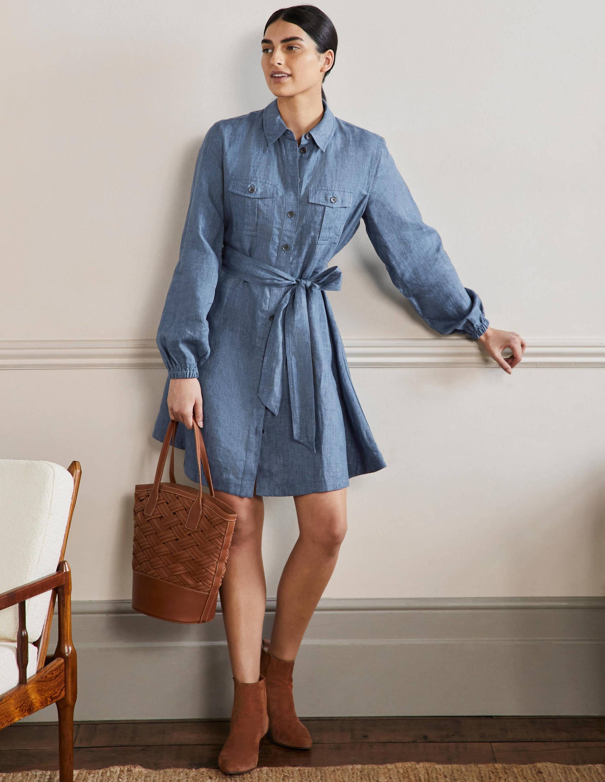 Fit and Flare Mini Shirt Dress-Mid Chambray-4