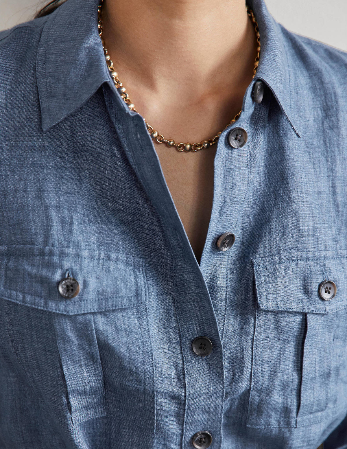 Fit and Flare Mini Shirt Dress-Mid Chambray - Image 5