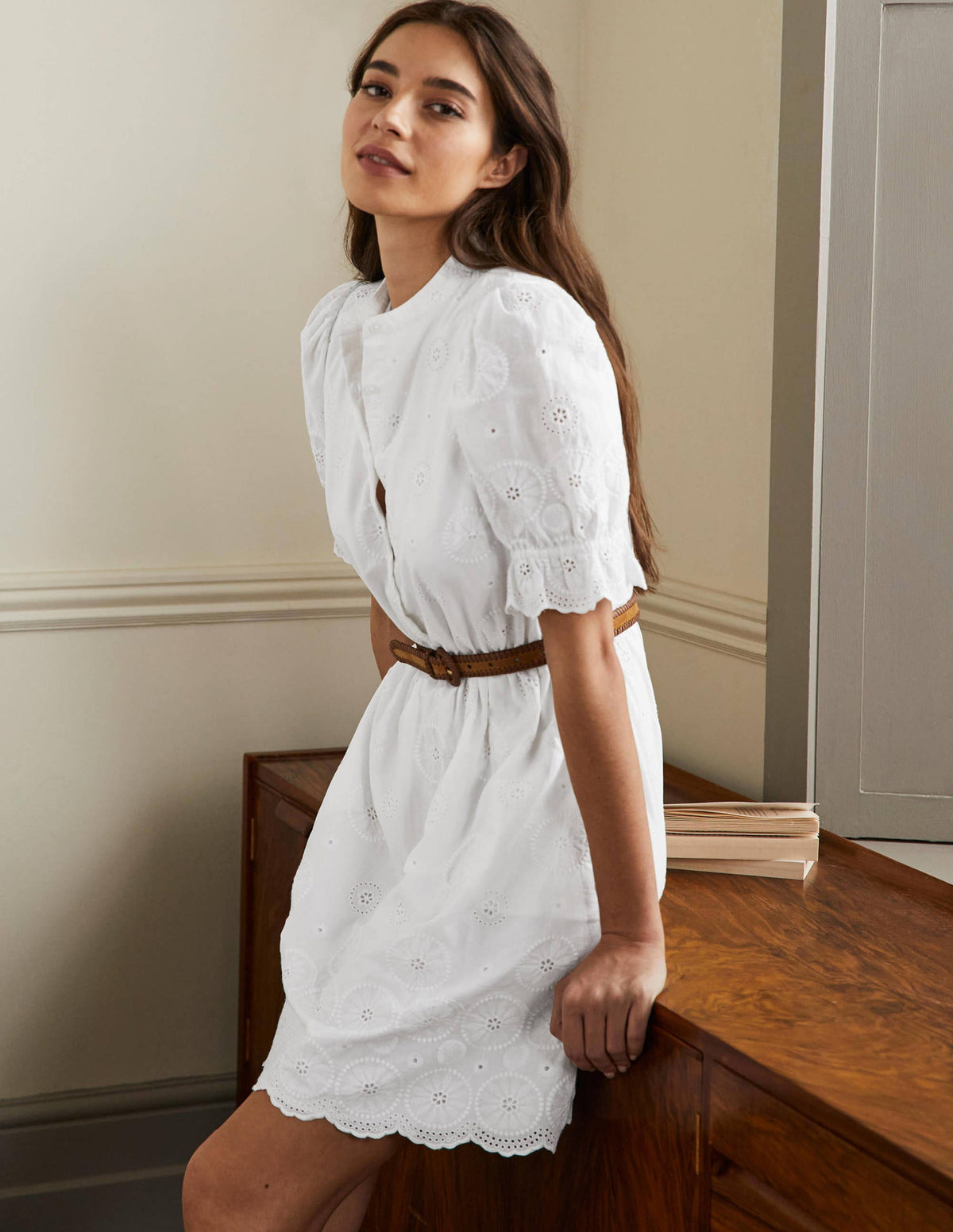 Puff Sleeve Broderie Dress-White - Image 4
