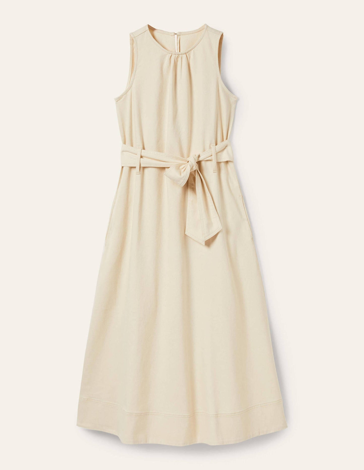 Sleeveless Belted Midi Dress-Ecru