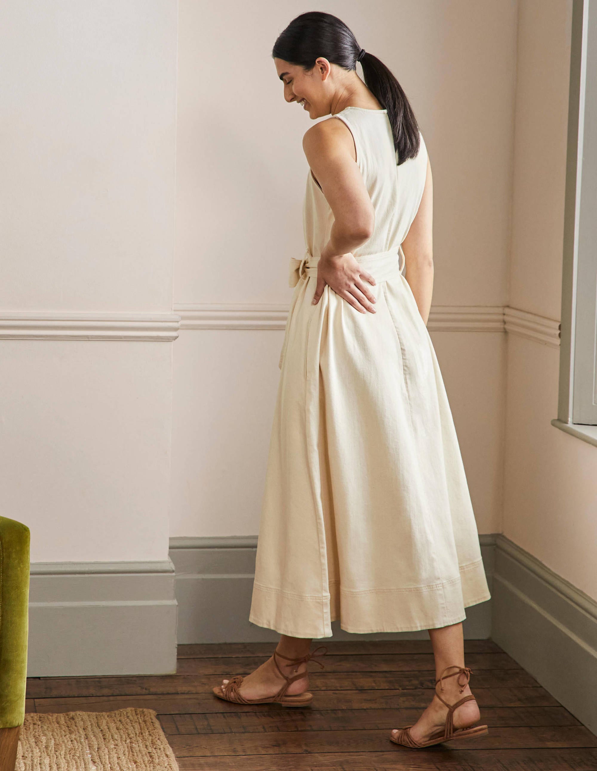Sleeveless Belted Midi Dress-Ecru - Image 3
