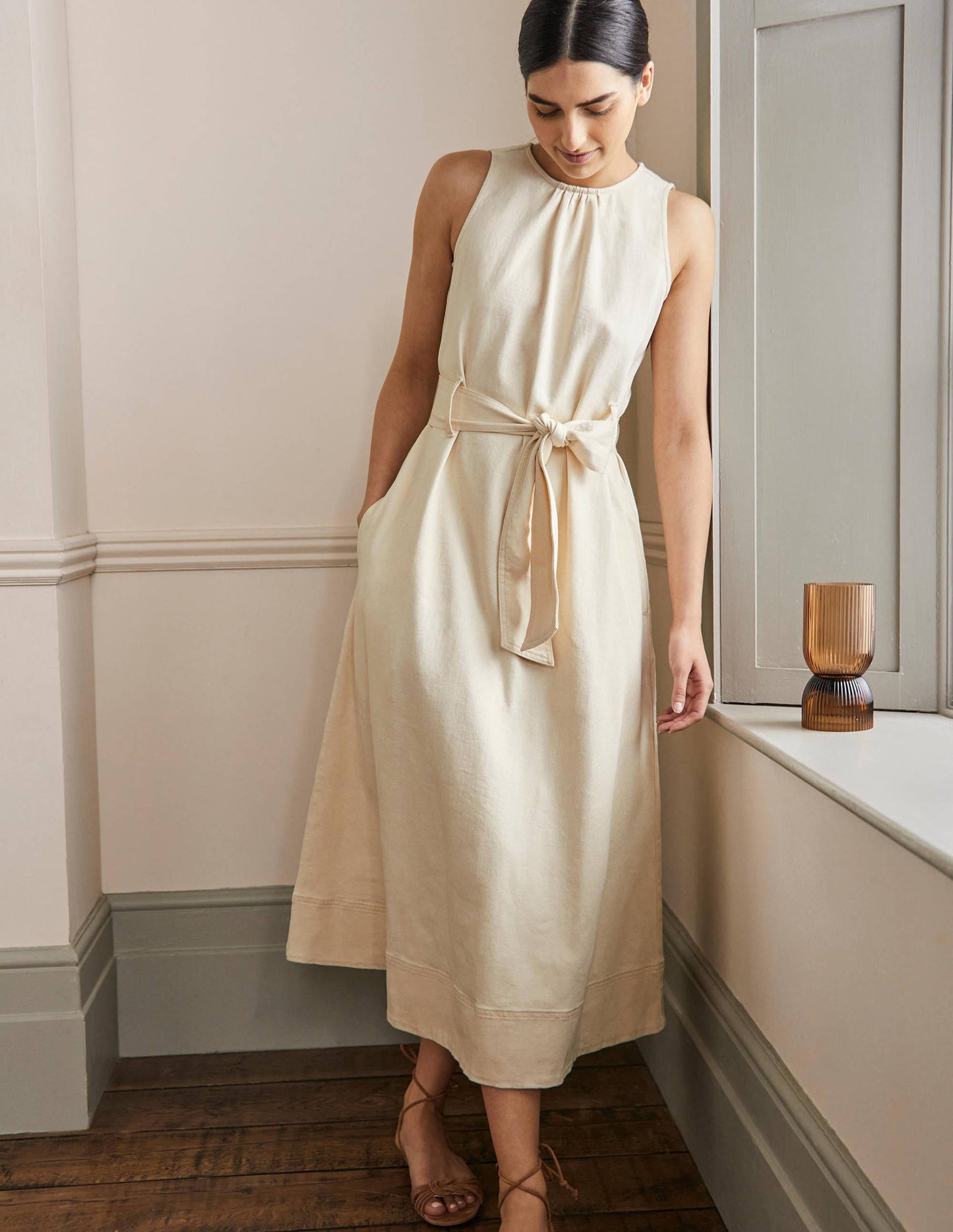 Sleeveless Belted Midi Dress-Ecru