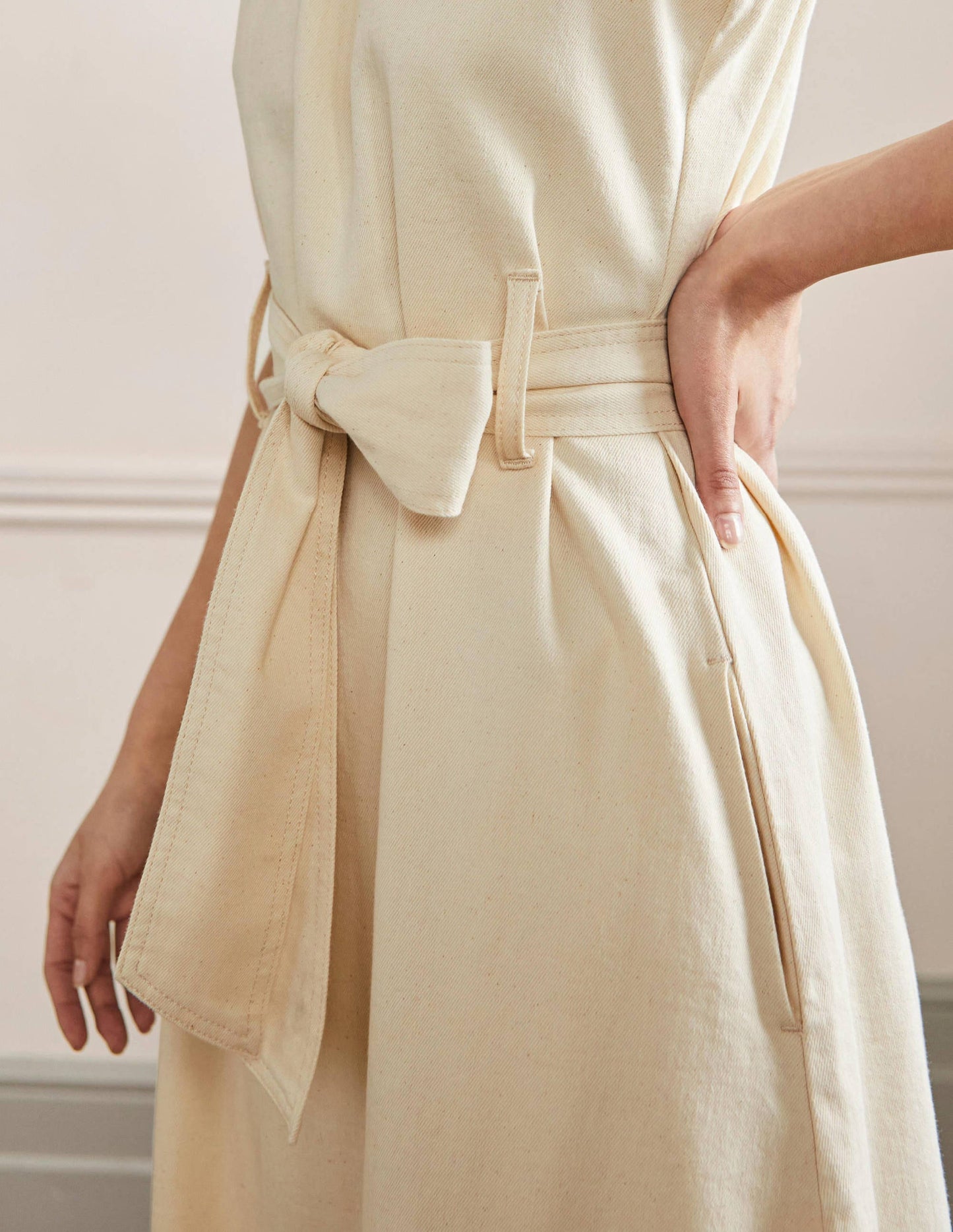 Sleeveless Belted Midi Dress-Ecru