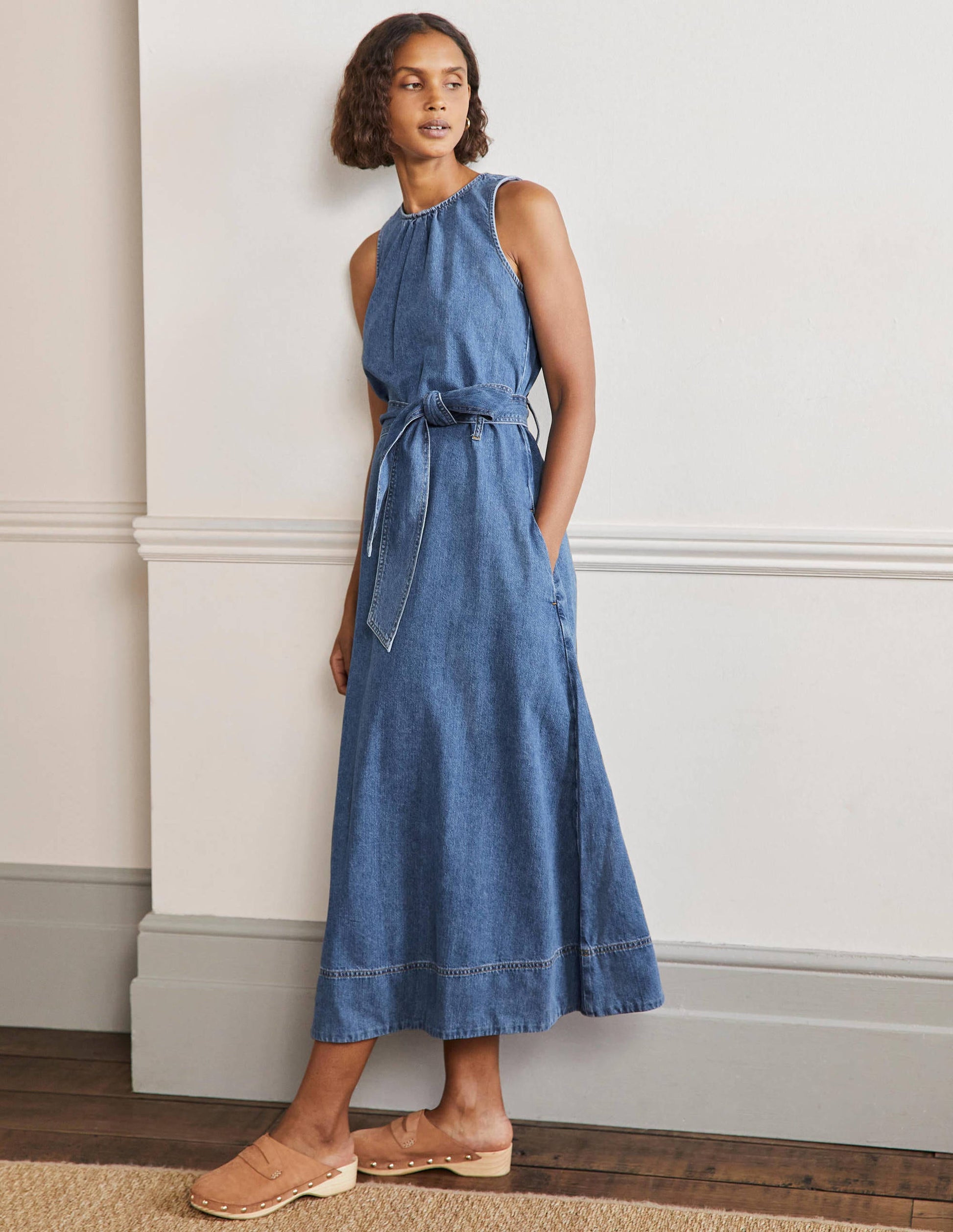 Sleeveless Belted Midi Dress-Mid Vintage Denim-1