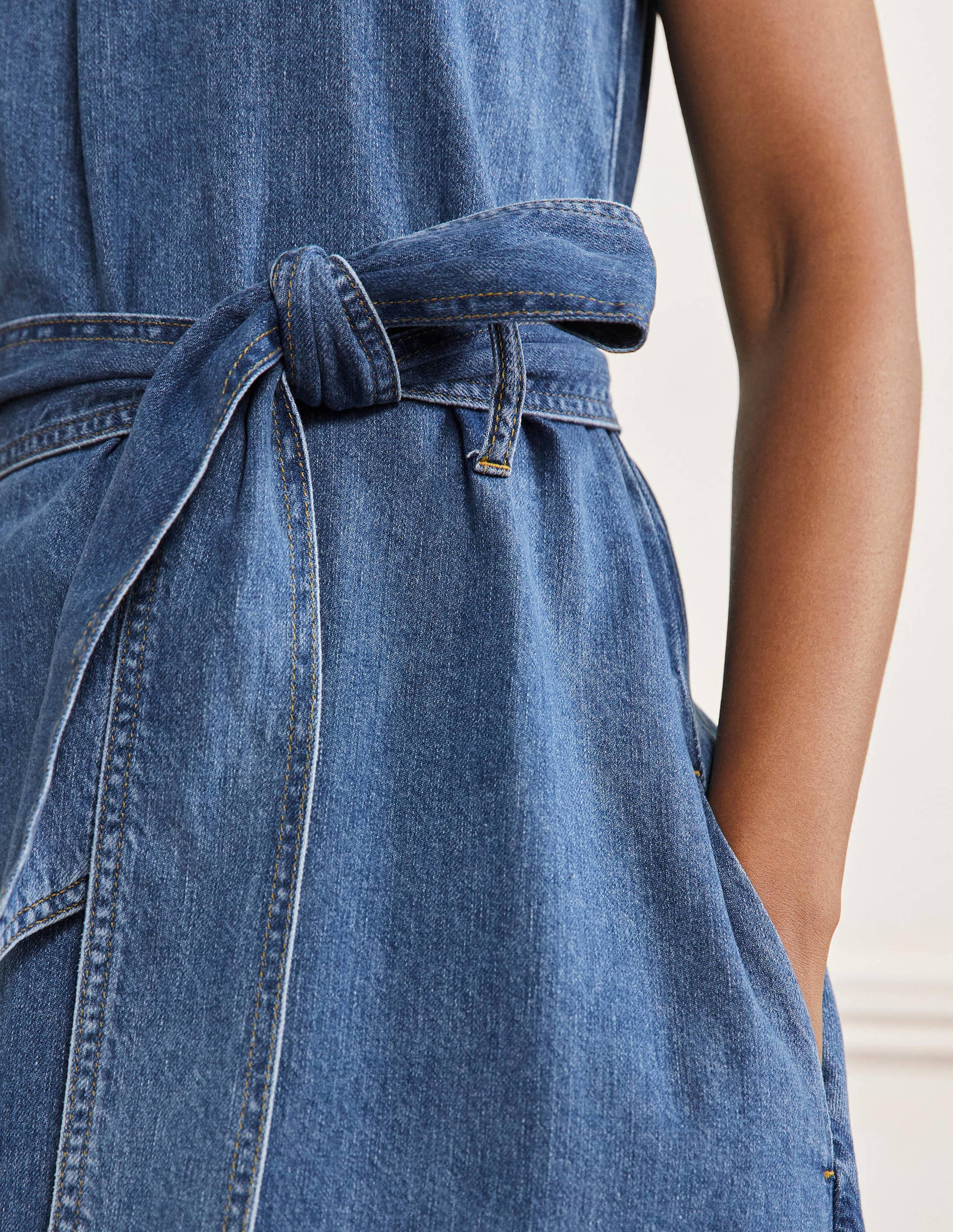 Sleeveless Belted Midi Dress-Mid Vintage Denim-2