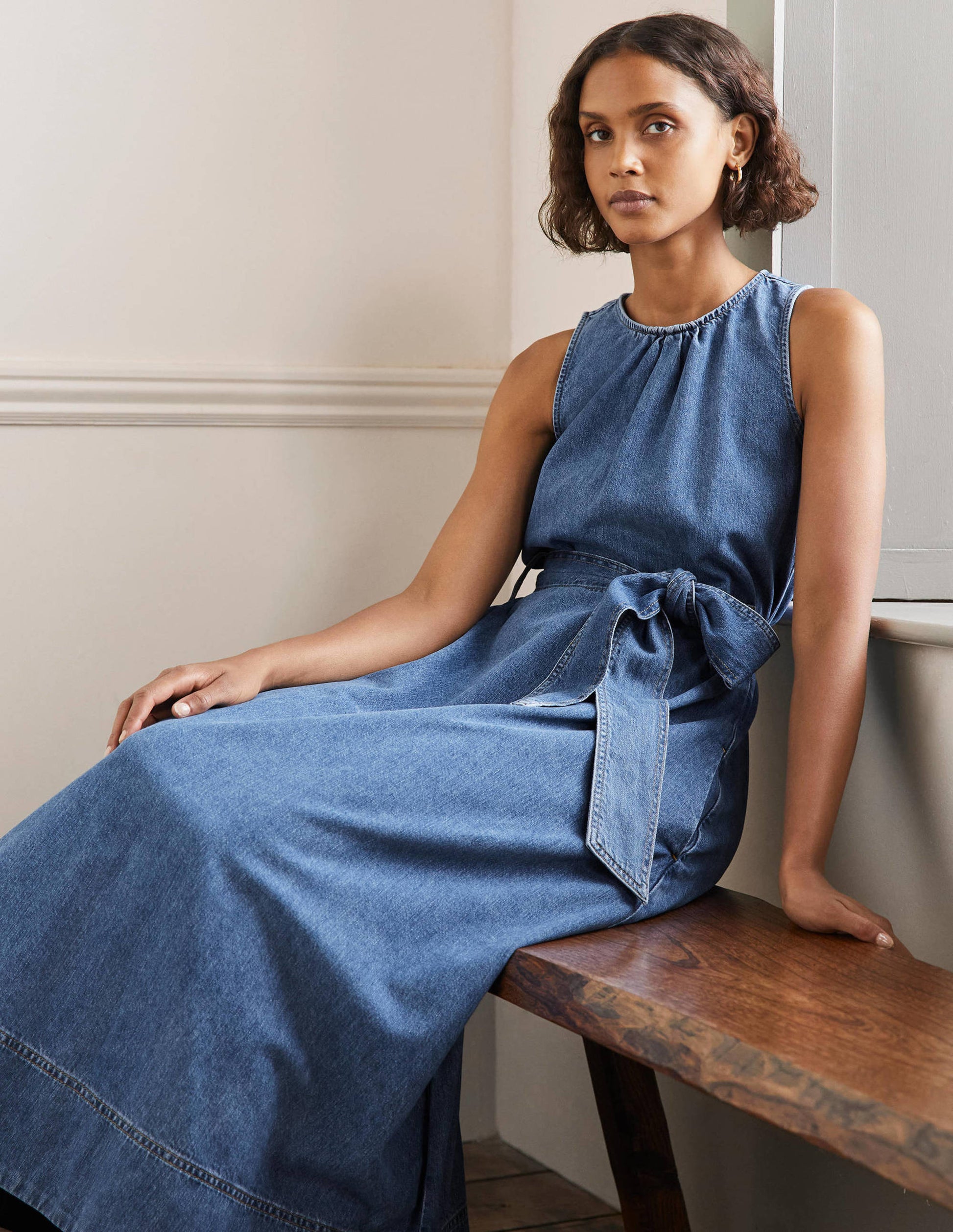 Sleeveless Belted Midi Dress-Mid Vintage Denim-4