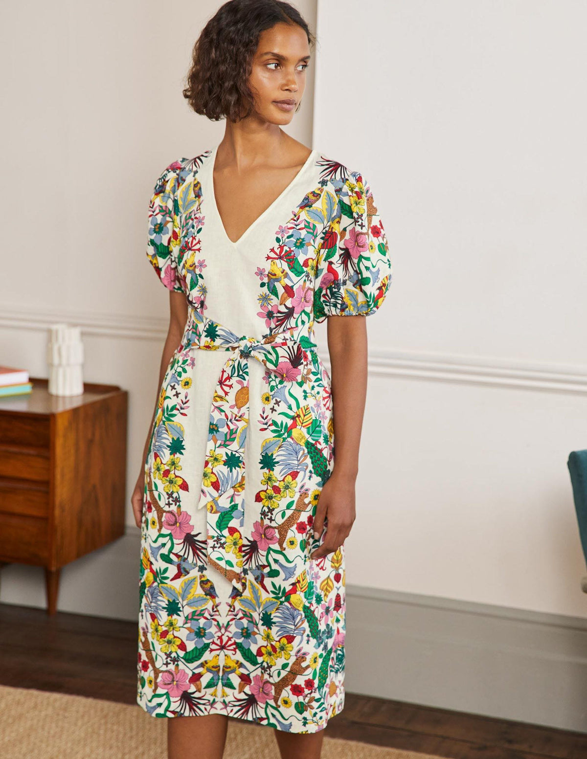 Puff Sleeve Linen Midi Dress-Ivory, Exotic Paradise - Image 6