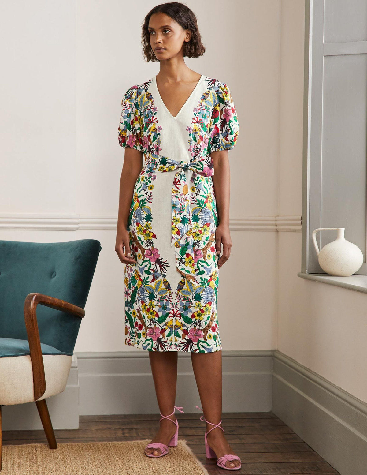 Puff Sleeve Linen Midi Dress-Ivory, Exotic Paradise - Image 9