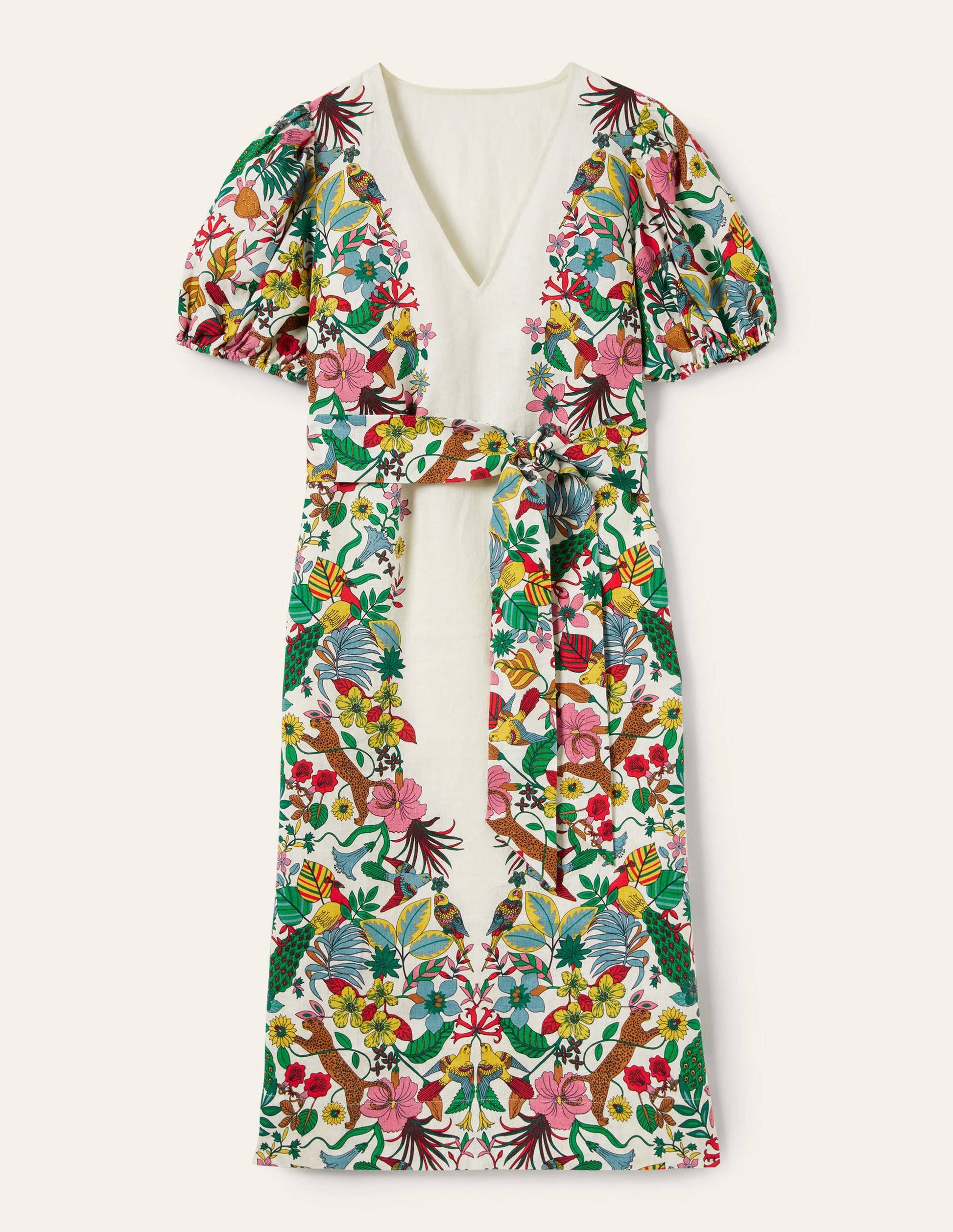 Puff Sleeve Linen Midi Dress-Ivory, Exotic Paradise-10