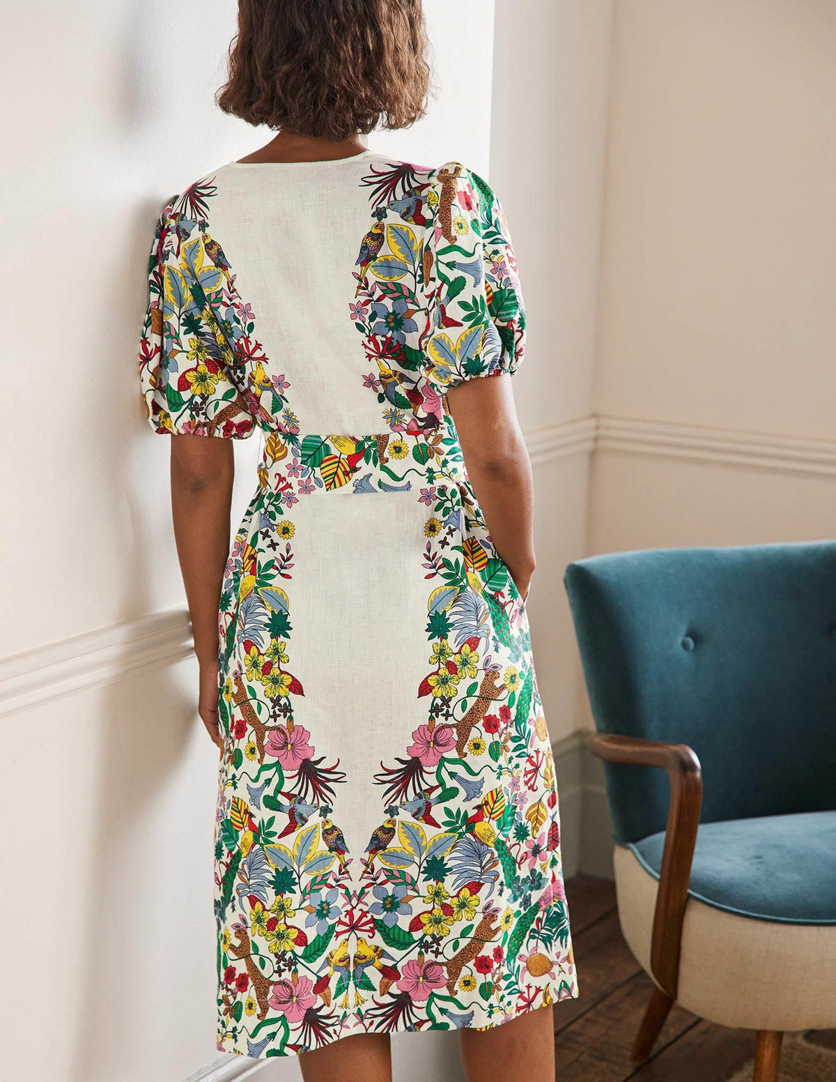 Puff Sleeve Linen Midi Dress-Ivory, Exotic Paradise - Image 3