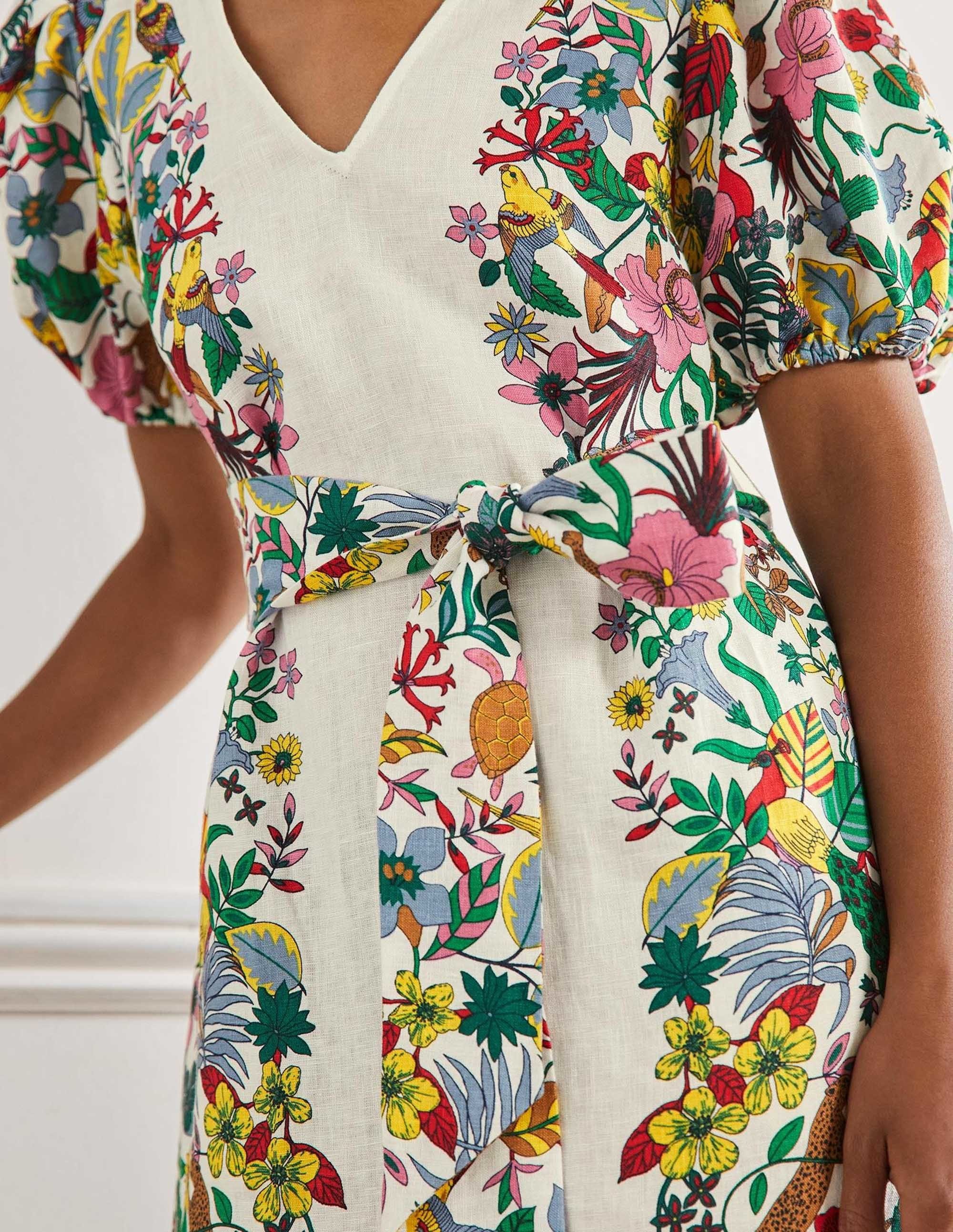 Puff Sleeve Linen Midi Dress-Ivory, Exotic Paradise - Image 5