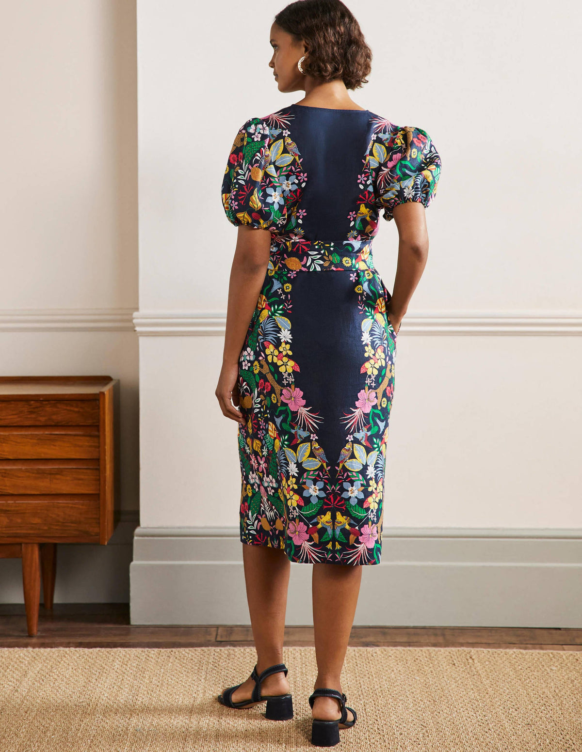 Puff Sleeve Linen Midi Dress-Navy, Exotic Paradise - Image 8