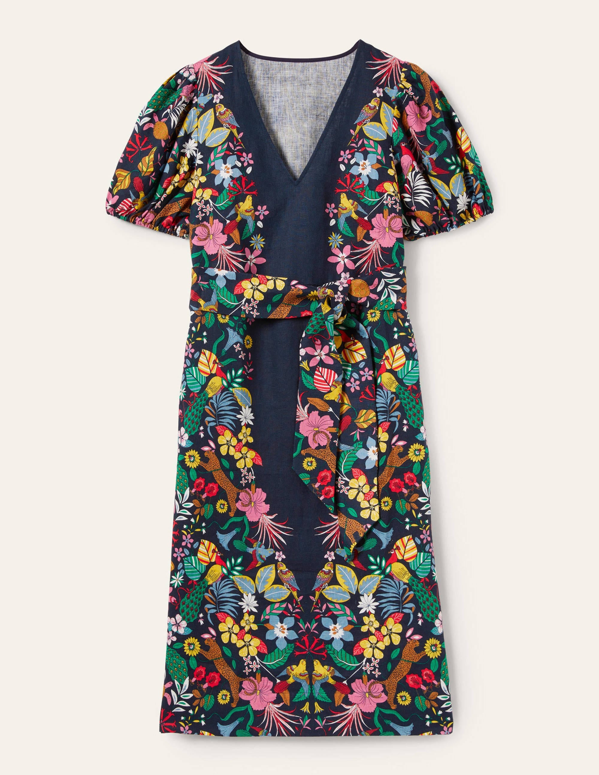 Puff Sleeve Linen Midi Dress-Navy, Exotic Paradise - Image 11