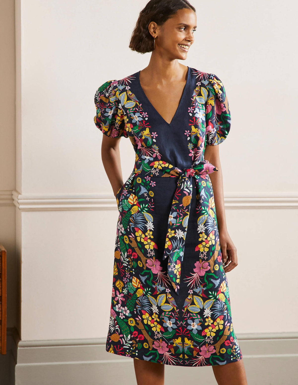 Puff Sleeve Linen Midi Dress-Navy, Exotic Paradise-1