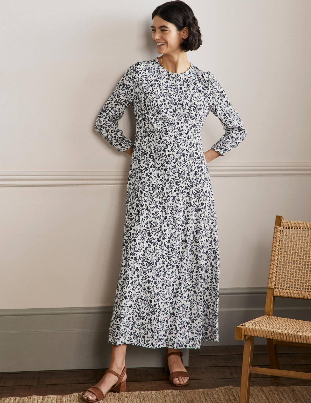 Crew Neck Maxi Dress-Navy, Flora Charm-1
