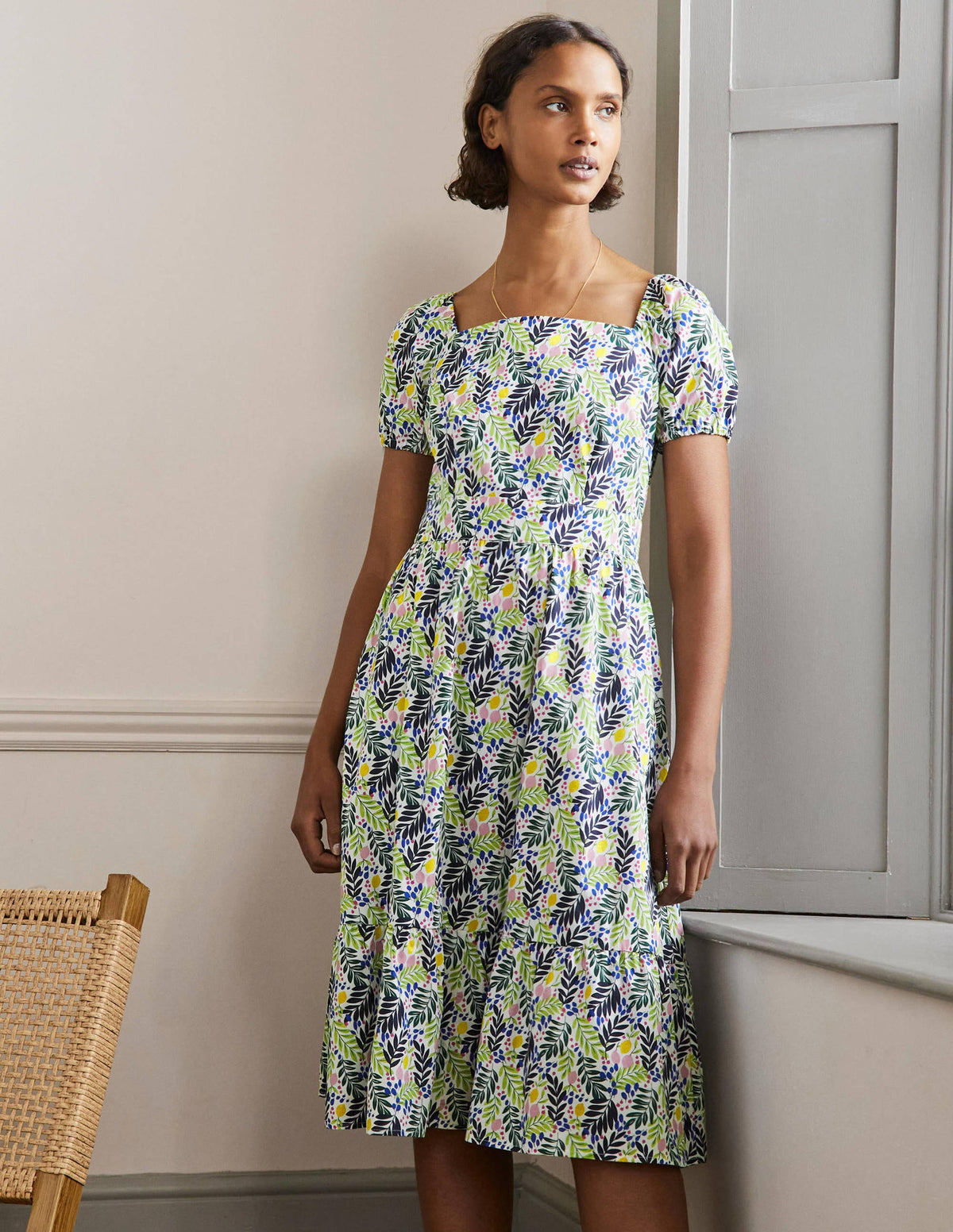Square Neck Tiered Dress-Multi, Lemon Foliage-1