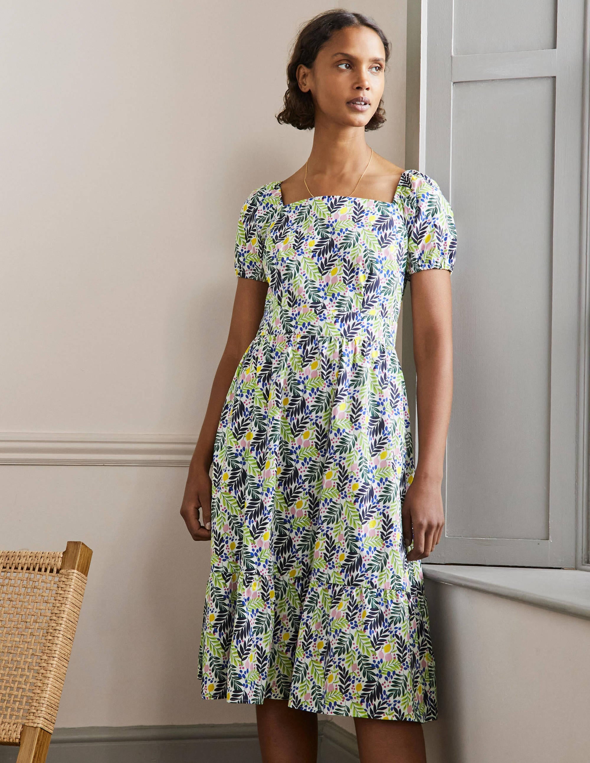 Square Neck Tiered Dress-Multi, Lemon Foliage - Image 1