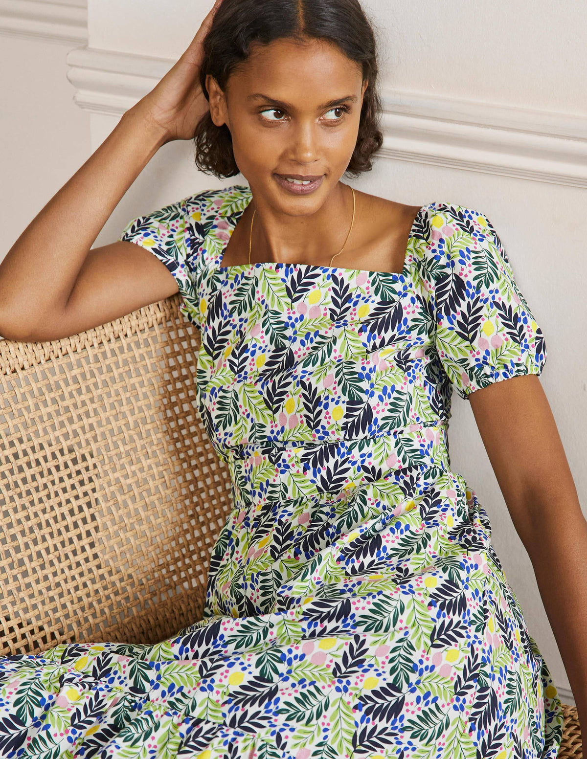 Square Neck Tiered Dress-Multi, Lemon Foliage - Image 4