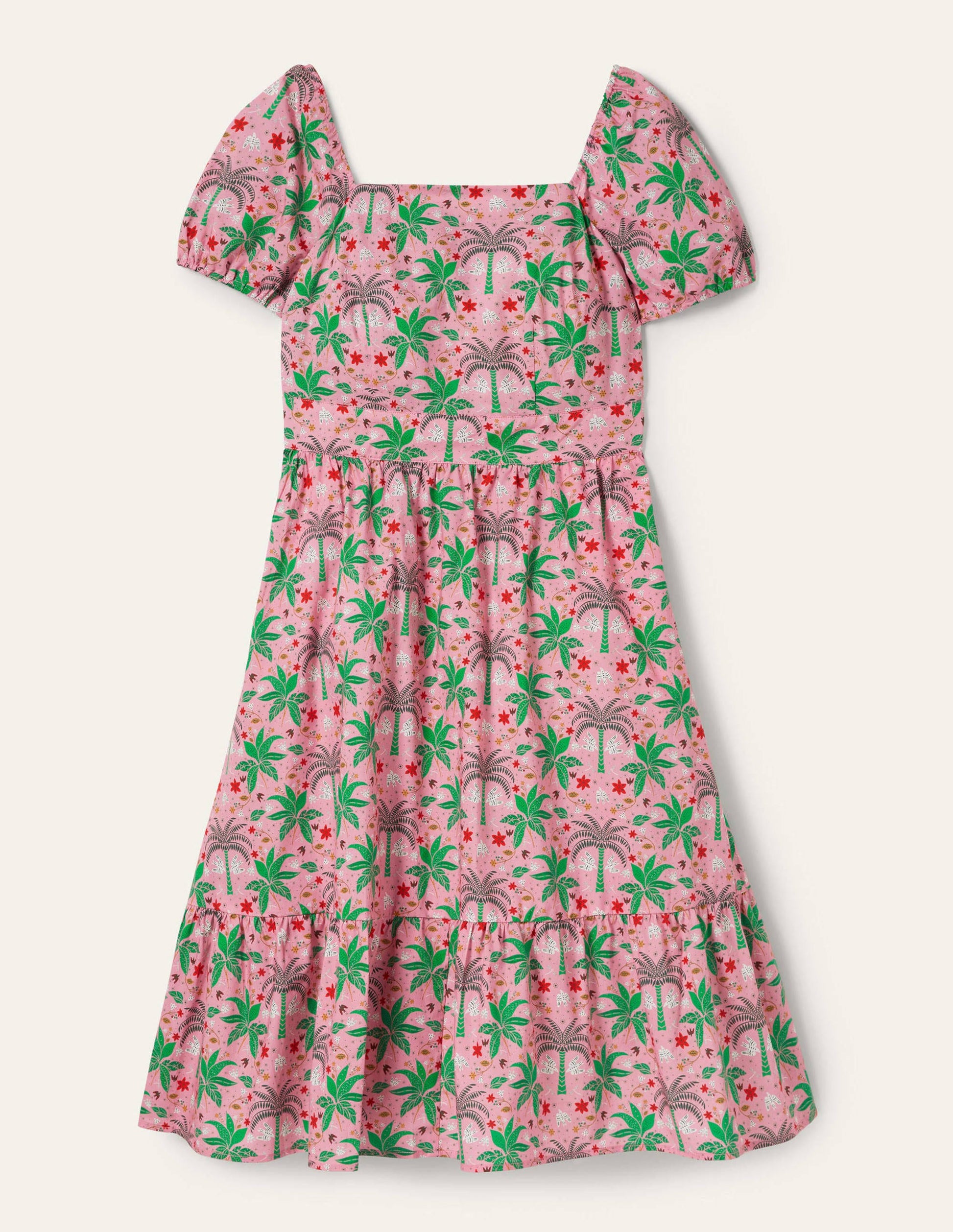 Square Neck Tiered Dress-Posy Pink, Oriental Palm-6