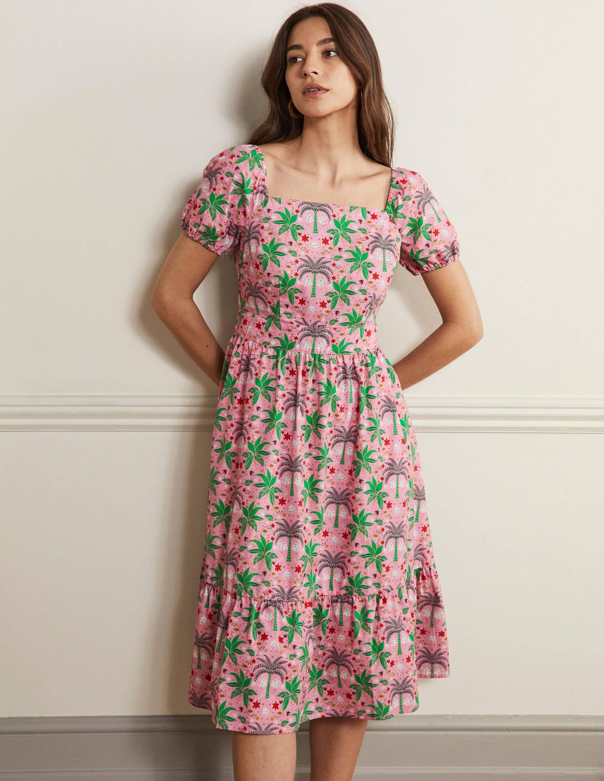 Square Neck Tiered Dress-Posy Pink, Oriental Palm - Image 1