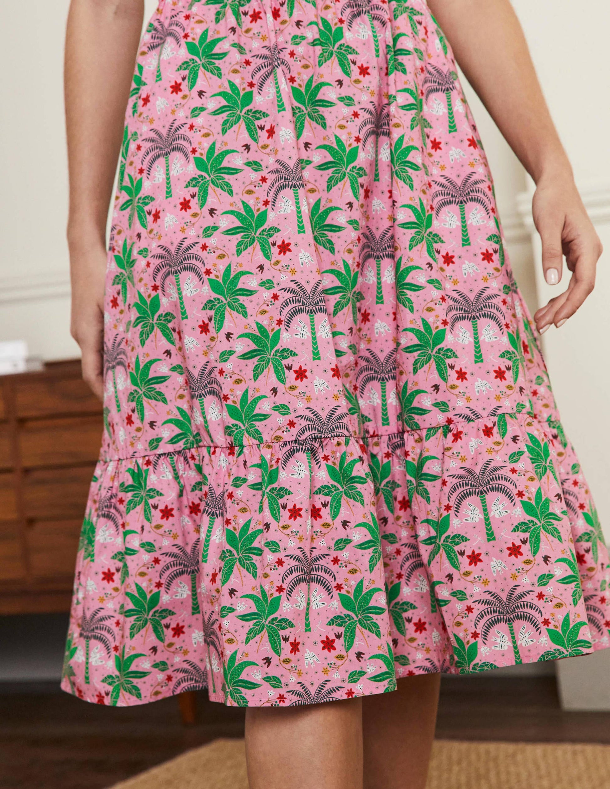 Square Neck Tiered Dress-Posy Pink, Oriental Palm-2